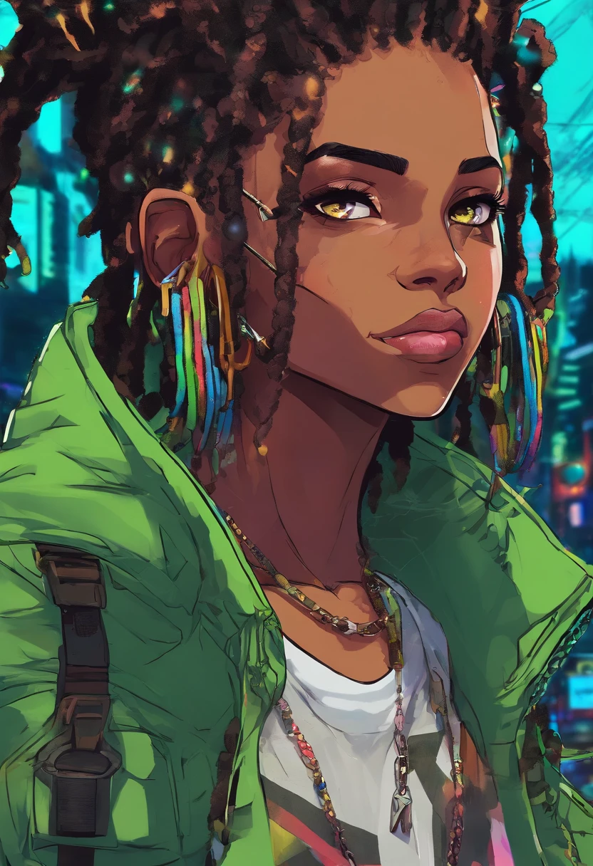 (Qualidade Superior, 16k, master part: 1.3)), jovem negro, Retrato de um homem adulto de pele escura(Afro-americano:1.2 , 2 0 anos) com dreadlocks pretos escuros e uma camisa branca, fanart de menino urbano, solo portrait 🎨🖌️, estilo de arte desconhecido, retrato detalhado do caractere, black anime manga girl, fundo urbano da favela brasil , Olhos verdes aqua, Anime detalhado soft face, menino anime, estilo anime masculino, retrato de meio corpo, Textura altamente detalhada do rosto e da pele, Detailed eyesanime dark-skinned teen with chain around her neck and dark brown jacket, ele tem dreadlocks pretos, Heterocormia, olhos multicoloridos((The left eye is green, The right eye is red )), badass anime 8 k, arte digital do anime cyberpunk,