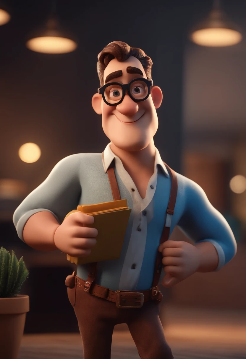 Cartoon character of a man with black glasses and a blue shirt, animation character, Caractere estilizado, animation style rendering, 3D estilizado, Arnold Maya render, 3 d render stylized, toon render keyshot, Personagem 3D, Personagem 3D, 3d rendering stylized, 3 d character render, personagem de desenho animado, Personagem de close up, Pose de personagem, (Estilo Pixar) (master part:1.2) (Bokeh) (best quality) (pele detalhada) (textura detalhada) (8k) (argila) (Cinematic lighting) (foco nítido