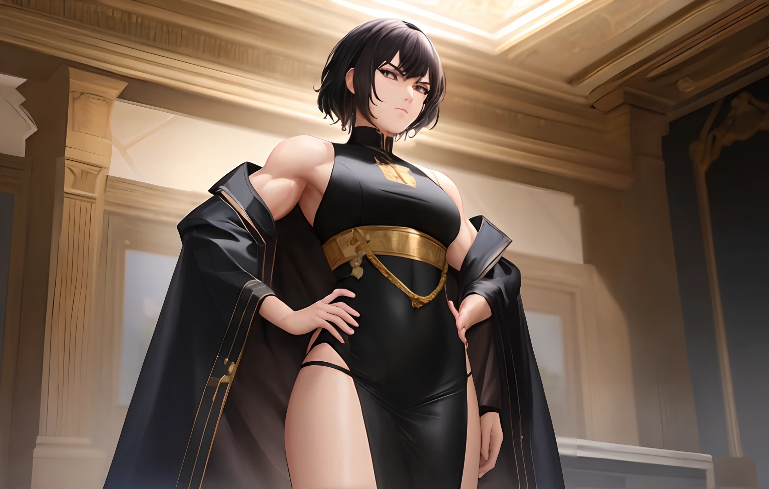 ((masterpiece)), highres, Muscular woman, Black hair, Black eyes, tall body, Small face, Short hair, Royal Hair, Royal outfit, Neutral Expression, Solo, Combatitive, Younger, ************,