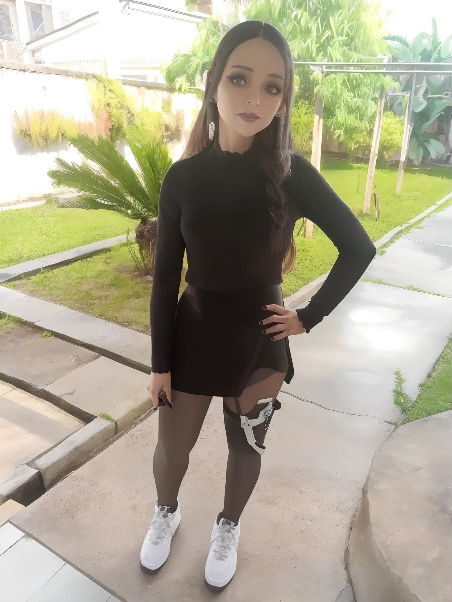 There is a young woman standing on a sidewalk with a leg brace, Gothic attire, Em um estilo de Halloween, roupa preta, corpo inteiro!, Directed by: Nandor Soldier, imagem de perfil, foto da roupa, posando pronto para uma luta, ela tem cerca de 1 6 anos de idade, preto e cinza, corpo inteiro!!!, olhar assustador, imagem de corpo inteiro