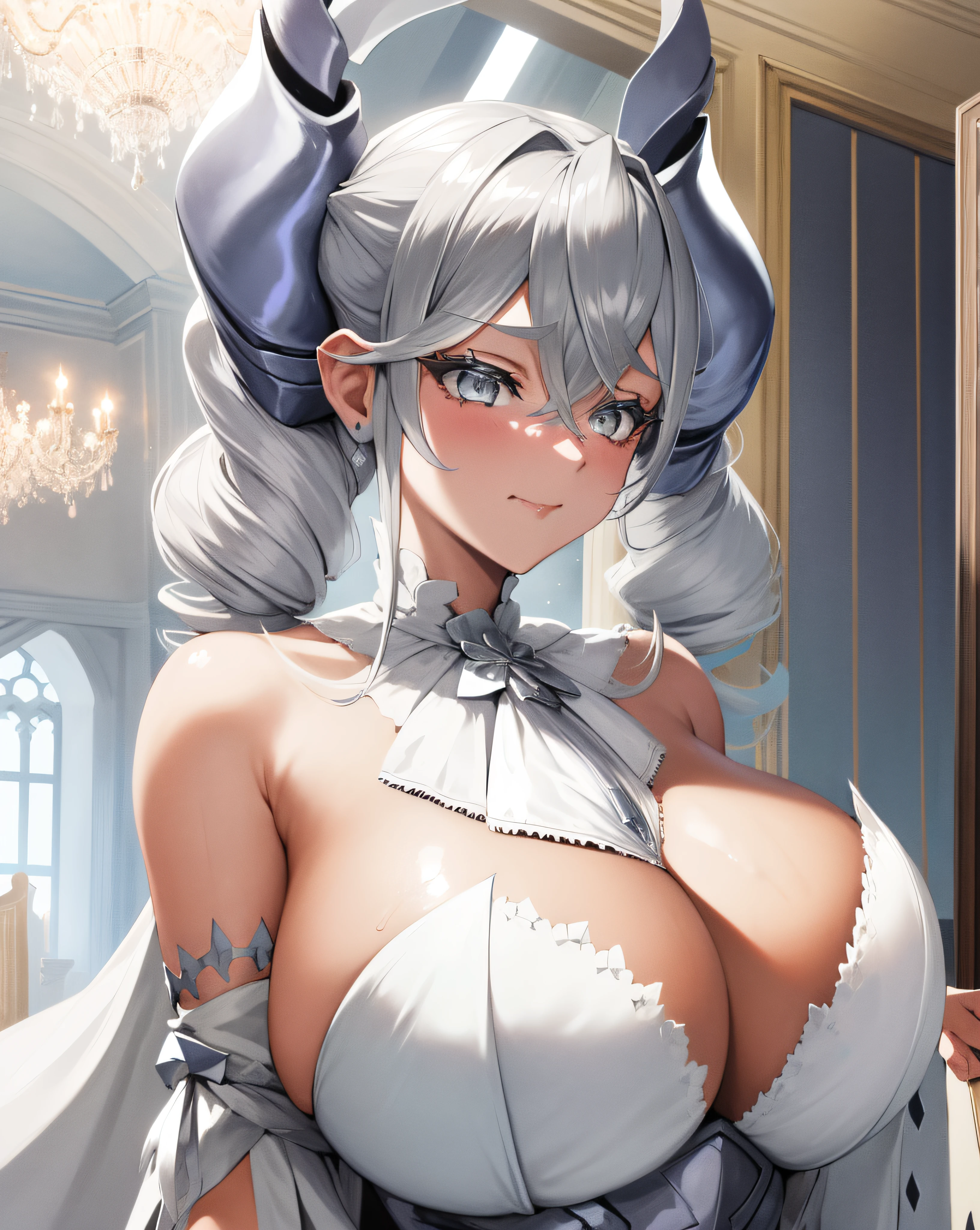 1girl, labrynth, silver hair, grey eyes, large breasts, horns, cleavage, white dress, silver castle, ivory, exquisite, chandelier, smug, hand over mouth,
white interior,