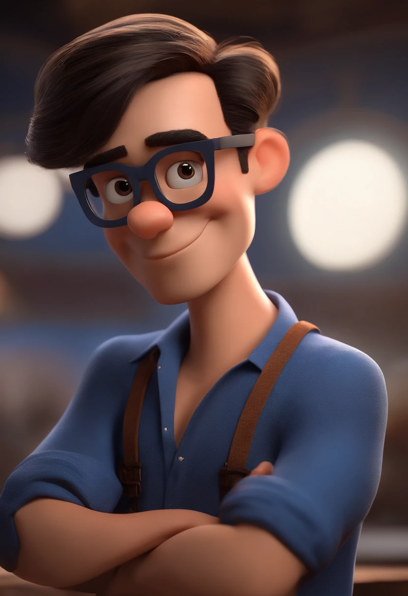 Cartoon character of a man with black glasses and a blue shirt, animation character, Caractere estilizado, animation style rendering, 3D estilizado, Arnold Maya render, 3 d render stylized, toon render keyshot, Personagem 3D, Personagem 3D, 3d rendering stylized, 3 d character render, personagem de desenho animado, Personagem de close up, Pose de personagem, (Estilo Pixar) (master part:1.2) (Bokeh) (best quality) (pele negra) (textura detalhada) (8k) (argila) (Cinematic lighting) (foco nítido) (cabelo curto estilo social)