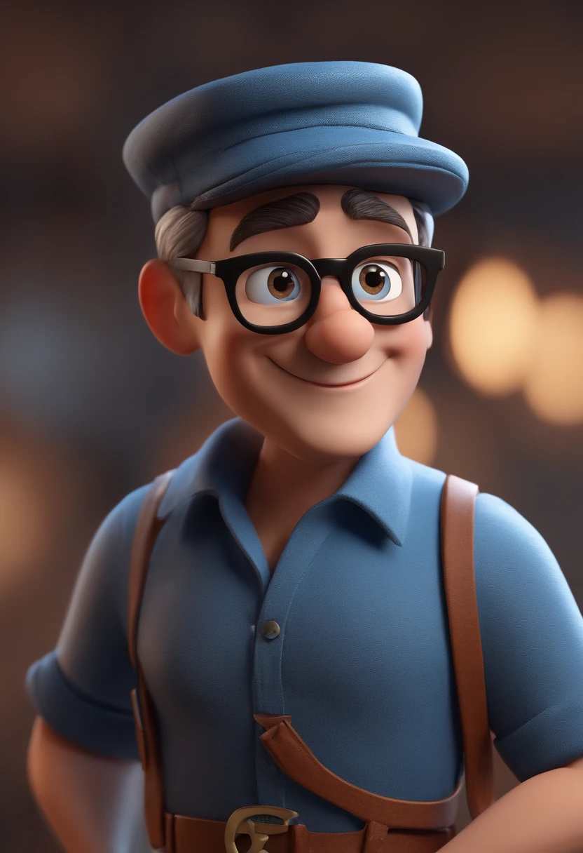 Cartoon character of a man with black glasses and a blue shirt, animation character, Caractere estilizado, animation style rendering, 3D estilizado, Arnold Maya render, 3 d render stylized, toon render keyshot, Personagem 3D, Personagem 3D, 3d rendering stylized, 3 d character render, personagem de desenho animado, Personagem de close up, Pose de personagem,  (Estilo Pixar) (master part:1.2) (Bokeh) (best quality) (pele negra) (textura detalhada) (8k) (argila) (Cinematic lighting) (foco nítido) (cabelo curto estilo social)