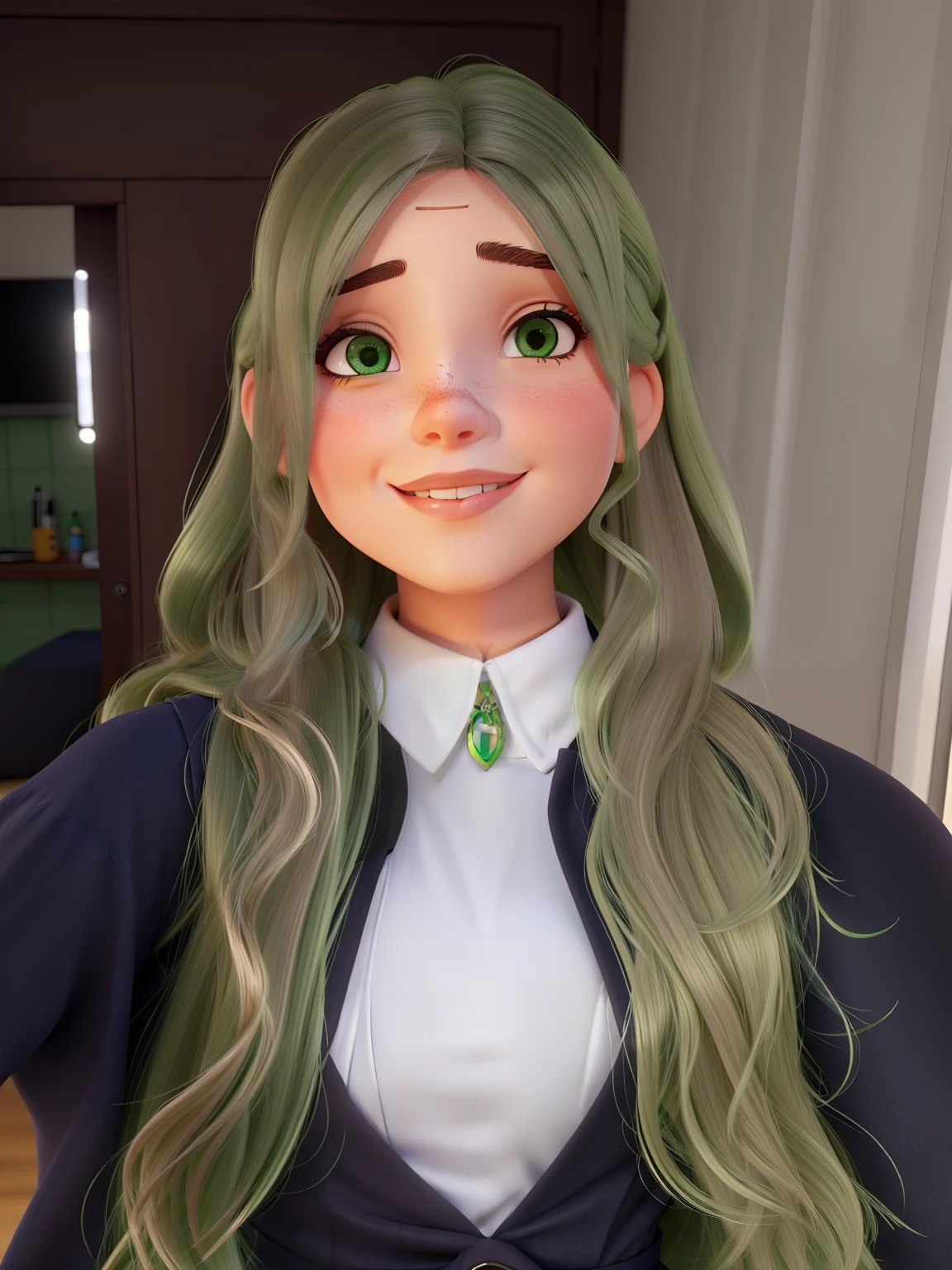 Mulher com cabelo loiro ondulado com olhos verdes e vestido preto