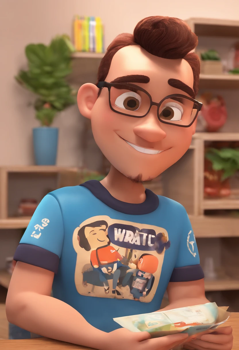 Estilo Pixar: Um senhor de idade, aproximadamente 65 anos, com cabelo preto e grisalho, nariz um pouco grande, olhos castanho escuro, pele branca amarelada e envelhecida, wearing a black polo shirt with a collar in red detail and blue jeans, He's smiling and holding a sign that says "este aqui joga muito" com desenho de uma seta apontando para o menino, who is wearing a Sao Paulo Futebol Clube t-shirt, e com bermuda marrom clara, holding a small sign with the symbol of the small São Paulo Futebol Clube. Este menino tem pele branca, moreno claro, is smiling, It's a little chubby, com bochechas levemente rosadas e olhos castanhos claros, Her hair is blond with silver streaks.