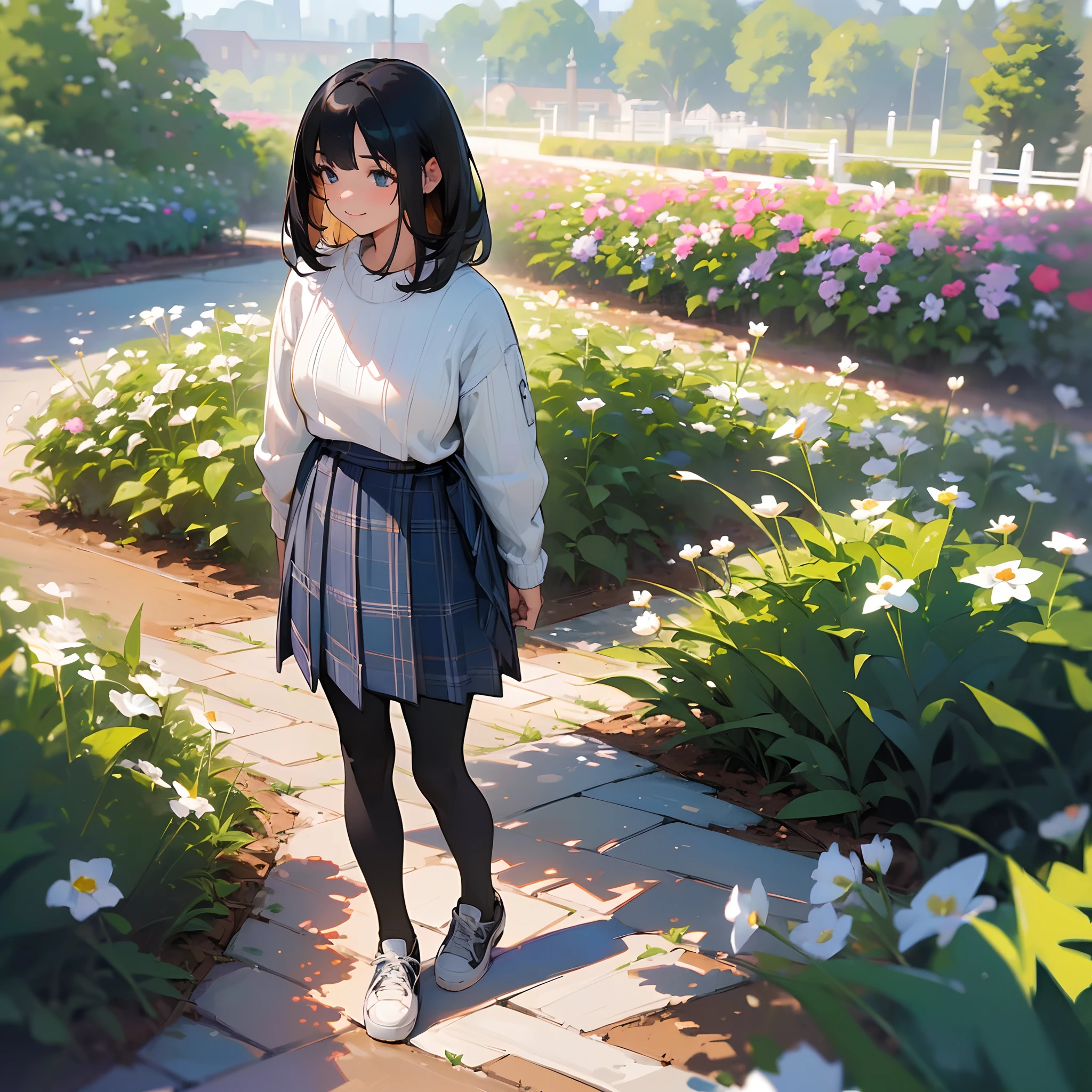 (High quality, High resolution, Ultra-detailed, Realistic:1.37), peaceful ambiance, (plein air, garden), Teenage girl standing alone, Beautiful detailed features, Cute smile, (Black bob hair), White ribbed sweater, blue plaid skirt, Black tights, White sneakers.