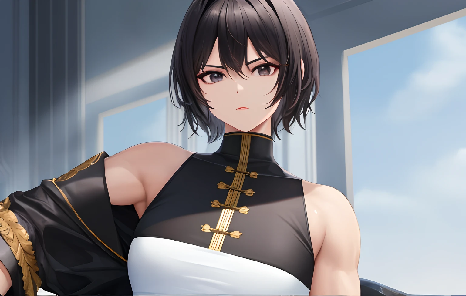 ((masterpiece)), highres, Muscular woman, Black hair, Black eyes, tall body, Small face, Short hair, Royal Hair, Royal outfit, Neutral Expression, Solo, Combatitive, Younger, 14 years old,