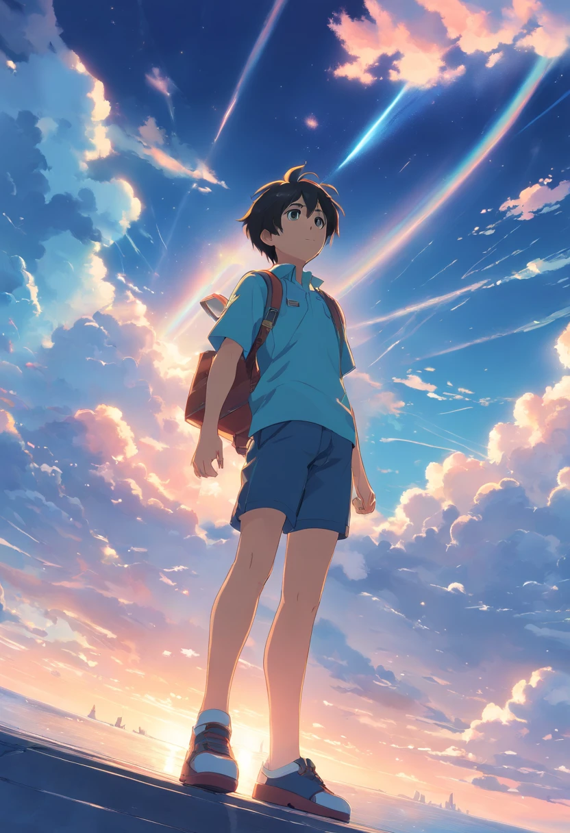 masterpiece、top-quality、Movie stills、military outfits、Tall、1boy、Cloud Boy、floating in sky、a closeup、发光