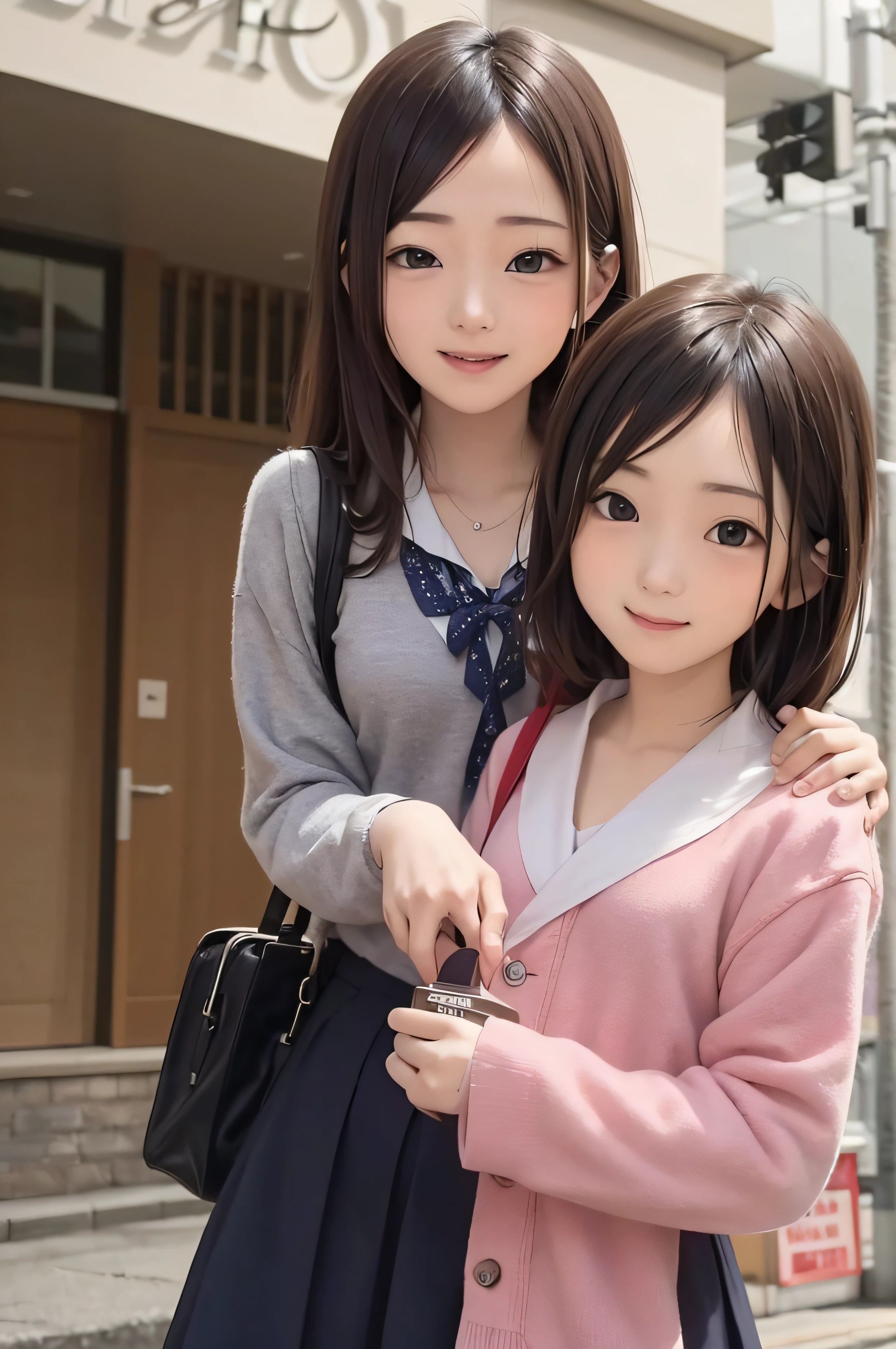 18year old、a smile、brown haired、beautidful eyes、real looking skin、hi-school girl、Bright illustration、small tits、(8K、masterpiece)、(reallistic、Photorealsitic)、top-quality、ighly detailed、The ultra-detailliert、Beautie、cute little、japanes、Idol