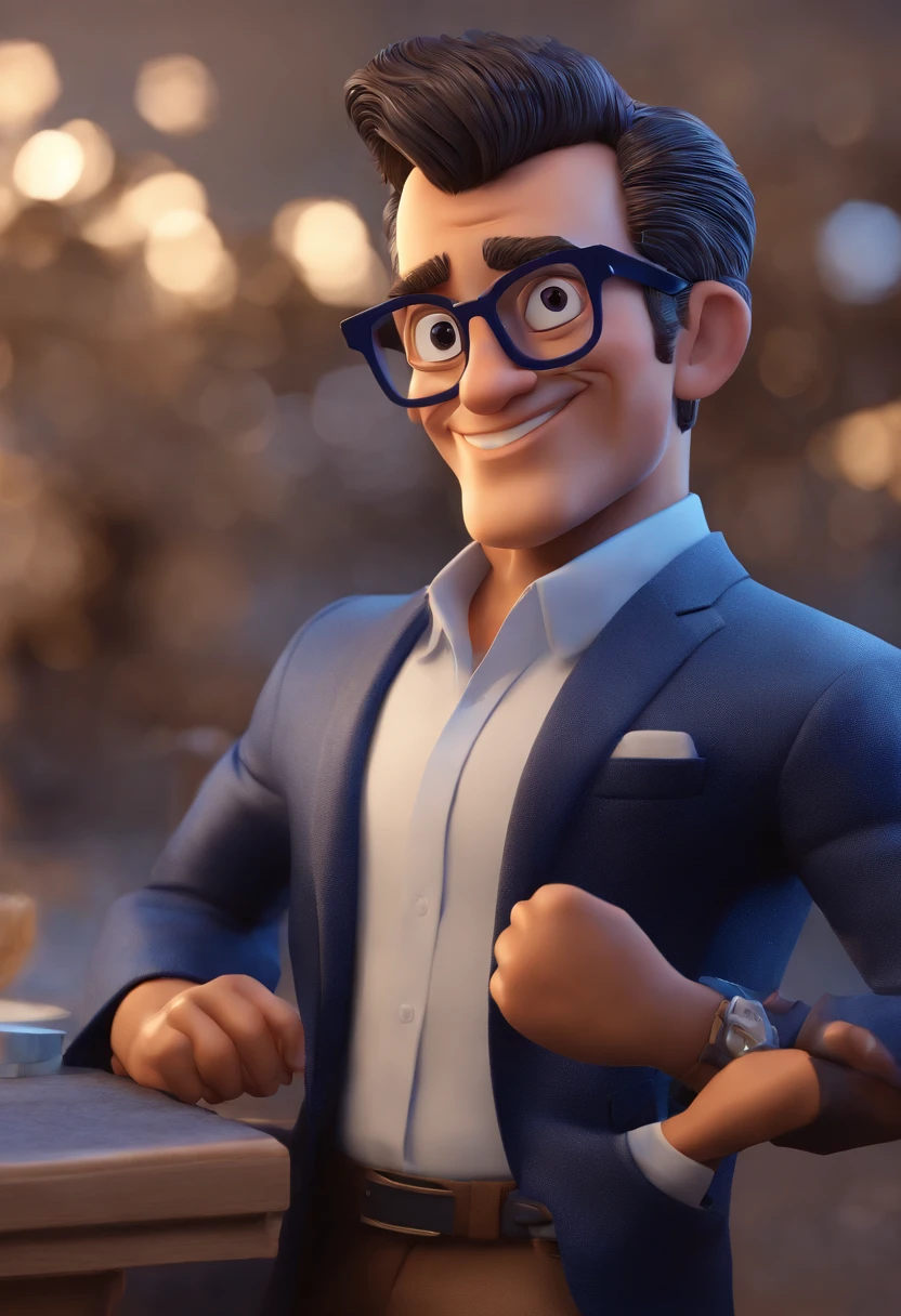 Cartoon character of a man with black glasses and a blue shirt, animation character, Caractere estilizado, animation style rendering, 3D estilizado, Arnold Maya render, 3 d render stylized, toon render keyshot, Personagem 3D, Personagem 3D, 3d rendering stylized, 3 d character render, personagem de desenho animado, Personagem de close up, Pose de personagem, (Estilo Pixar) (master part:1.2) (Bokeh) (best quality) (pele detalhada) (textura detalhada) (8k) (argila) (Cinematic lighting) (foco nítido