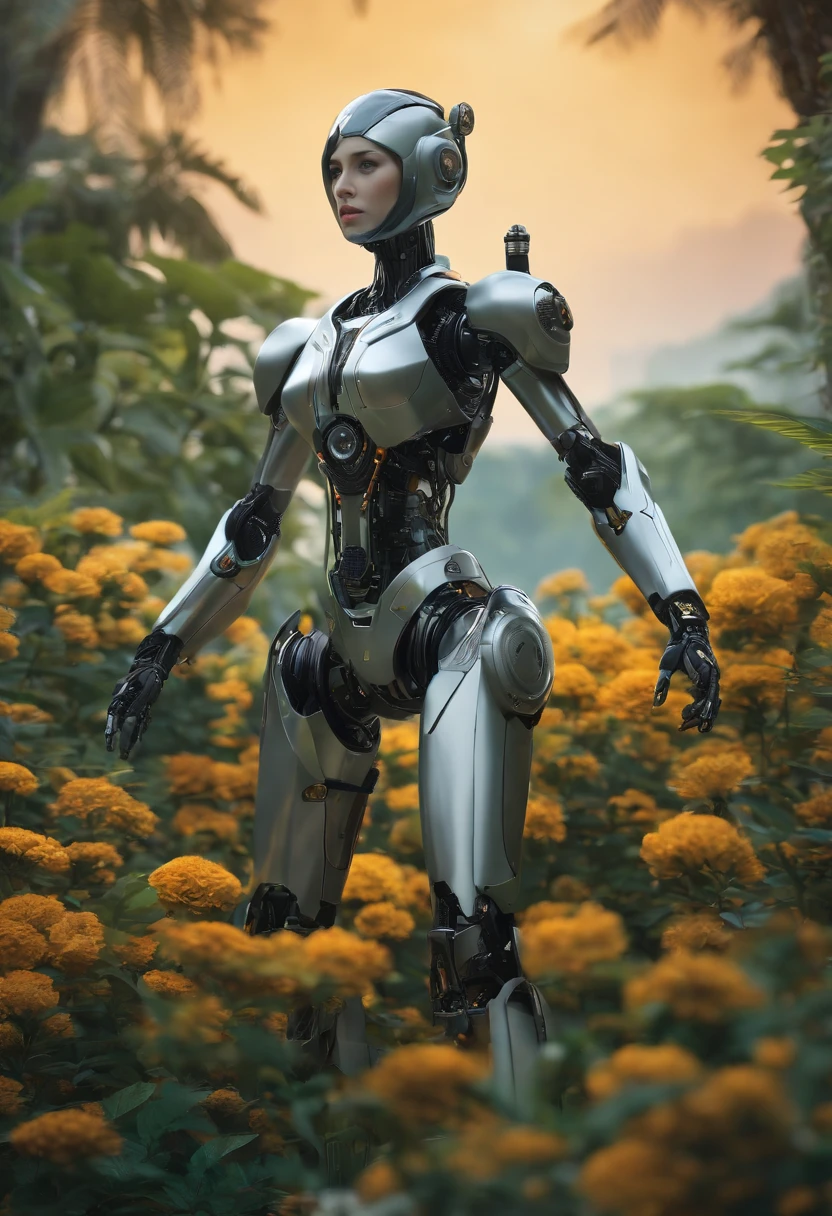 A Robotic Girl Named Loiwa Frank, with green eyes and a black and gray robotic structure, CORPO INTEIRO SENTADA. Capturando cada detalhe intrincado de seu design. A obra mostra Loiwa Frank em um jardim, surrounded by vibrant flowers and lush vegetation, Adding a touch of nature to the futuristic setting. The high-resolution image is carefully crafted to display the best quality, allowing viewers to appreciate the intricate details and skill of the robotic girl. The overall art style is a combination of digital illustration and 3D rendering.