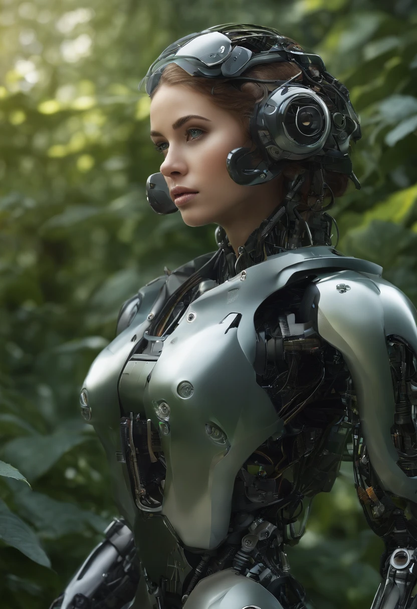 A Robotic Girl Named Loiwa Frank, with green eyes and a black and gray robotic structure, CORPO INTEIRO SENTADA. Capturando cada detalhe intrincado de seu design. A obra mostra Loiwa Frank em um jardim, surrounded by vibrant flowers and lush vegetation, Adding a touch of nature to the futuristic setting. The high-resolution image is carefully crafted to display the best quality, allowing viewers to appreciate the intricate details and skill of the robotic girl. The overall art style is a combination of digital illustration and 3D rendering.