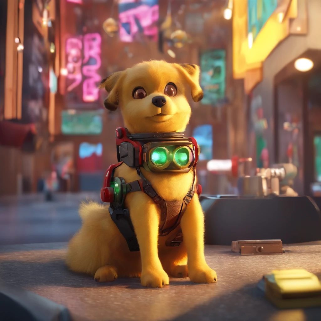 Dog (master part:1.3), (best cinematic quality:1.2), (extremely detailed configuration:2), (macio+artistic lighting), (1st grade), cabelos azuis curtos, (olho+amarelo+vermelho:1.4), (olhos multicoloridos+heterocromia), usando roupas cyberpunk, Futuristic, technological, City scenery with (Robots to the Redor)0.4], giving dramatic scenery.