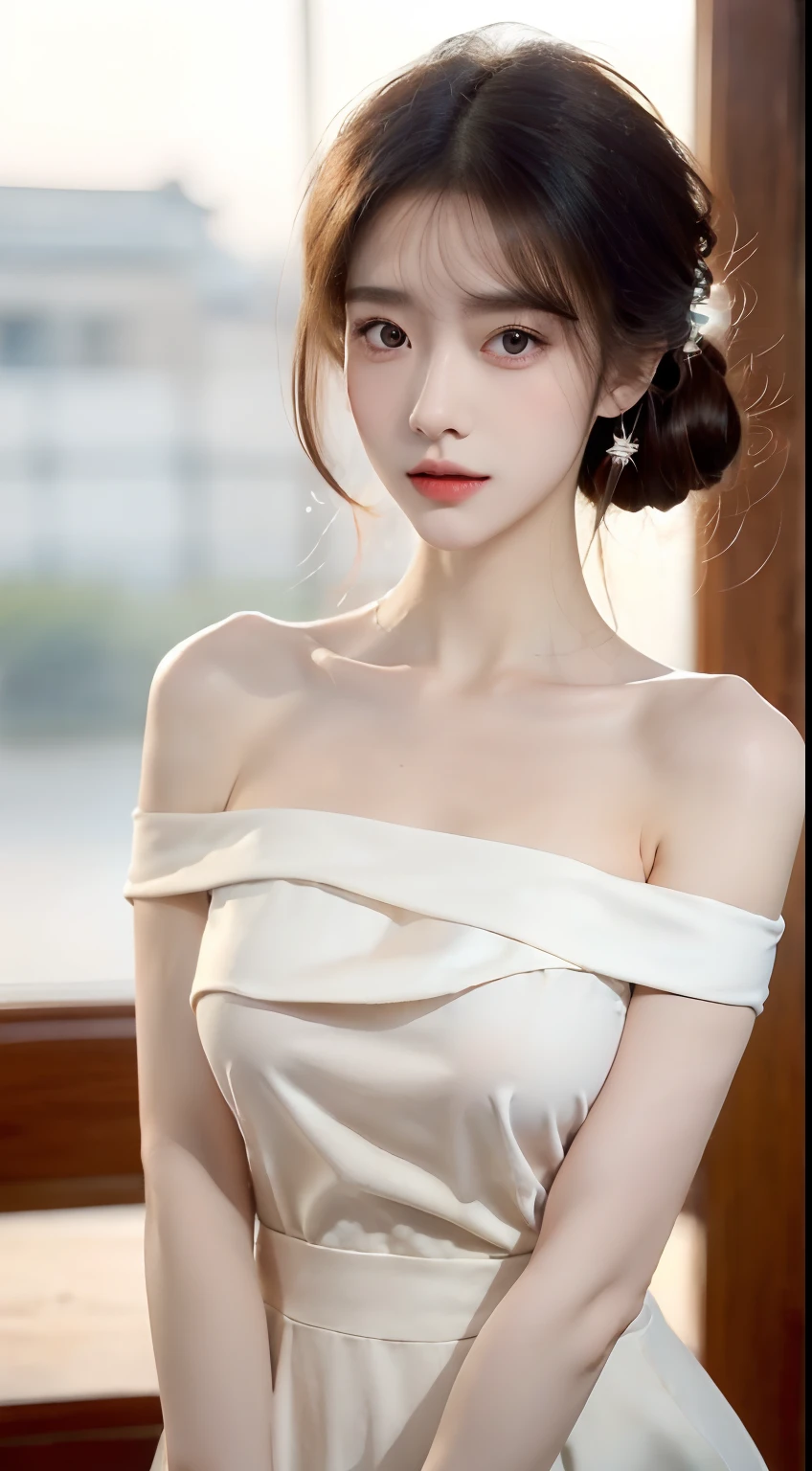 ((NSFW))、(masterpiece:1.5)、(8K)、(Photorealsitic:1.5)、Raw photography、(Top image quality:1.4)、(foco nítido:1.5)、 top-quality、masterpiece、超A high resolution、Photograph the whole body、Perfect dynamic composition、 20 years old、slender、Unwind in the living room、prety woman:1.4、serious facial expression、 Wearing a white knitted dress、 light brown hair、Hairstyle is ponytail、Glowing hair、 Super Detail Face、A detailed eye、二重まぶた、 Natural Color Lip、Transparent skin、