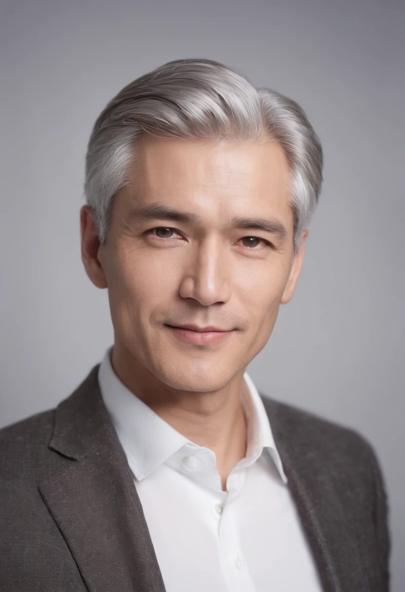 Portrait of handsome man 50 years old round face cinematic appearance、Silver hair、Brown jacket、White button-down shirt、kindly smile、Photography, Male perfection, Black eyes, Hyper realistic, 8K - V 4、50-year-old dandy gentleman、Gentle eyes、Gray hair、