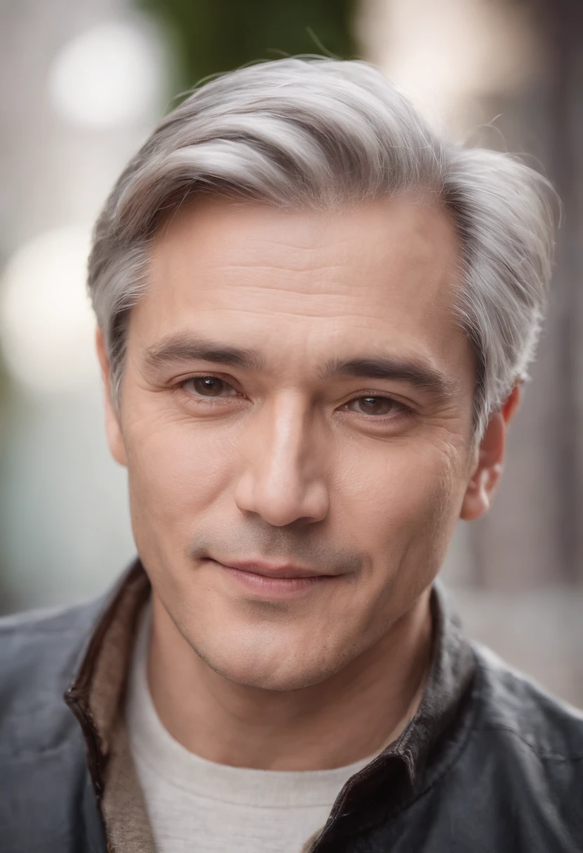 Portrait of handsome man 50 years old round face cinematic appearance、Silver hair、Brown jacket、White button-down shirt、kindly smile、Photography, Male perfection, Black eyes, Hyper realistic, 8K - V 4、50-year-old dandy gentleman、Gentle eyes、Gray hair、