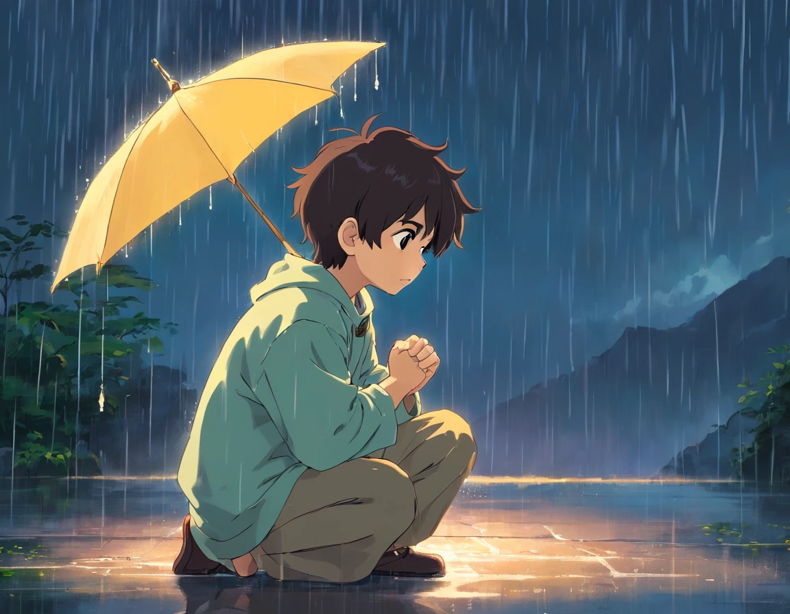 The boy clasped his hands together,prayer,rained,Rainy day, heavy rain, dark day, cartoon style,hyper HD