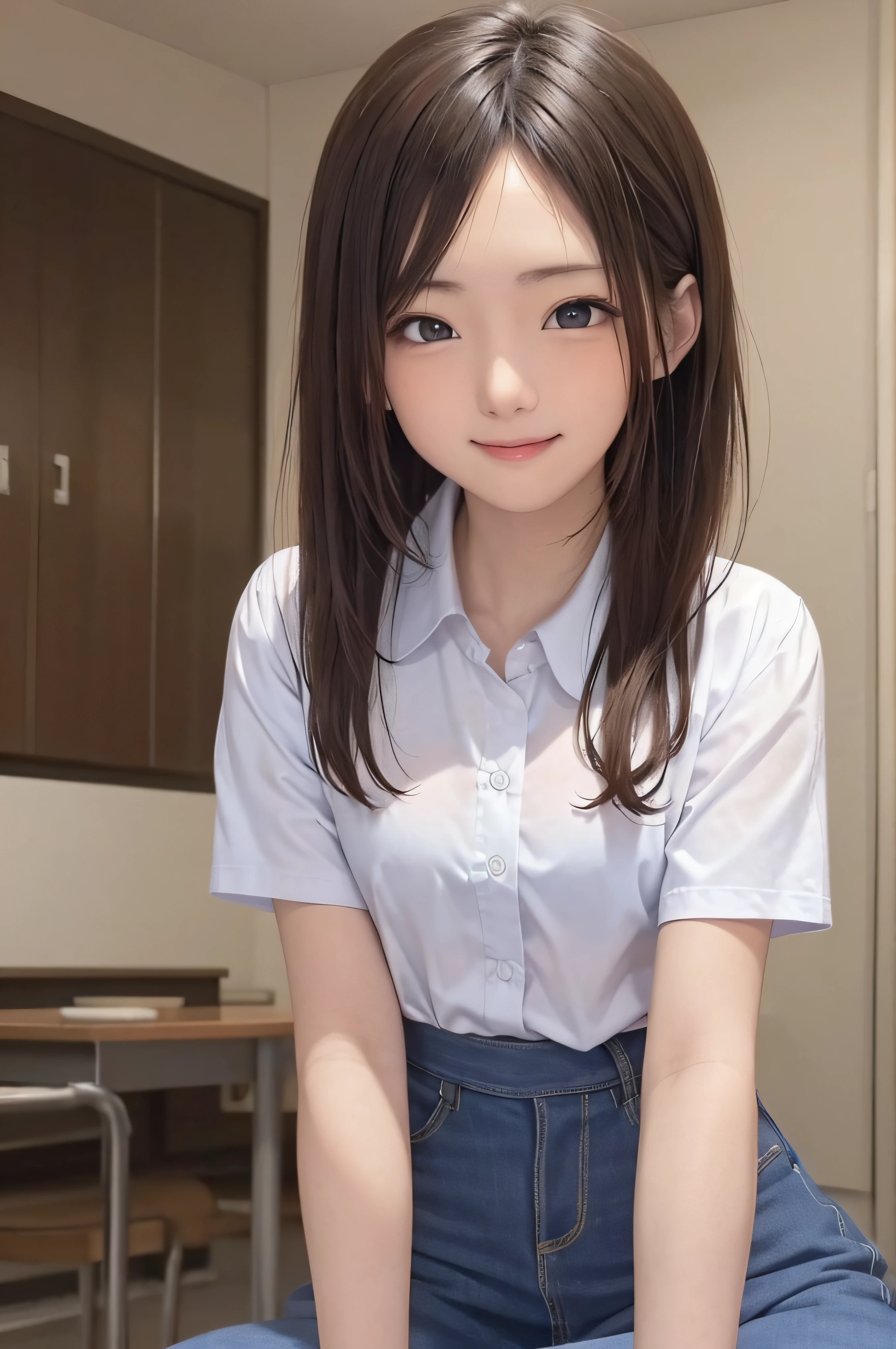 18year old、a smile、brown haired、beautidful eyes、real looking skin、hi-school girl、Bright illustration、small tits、(8K、​masterpiece)、(reallistic、Photorealsitic)、top-quality、ighly detailed、The ultra-detailliert、Beautie、cute little、japanes、Idol