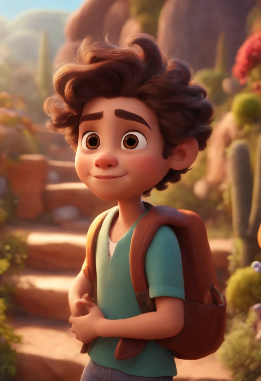 Image of a boy for a story in a YouTube video in Pixar format, He's the little allabester, He's the class leader, He's outgoing, Playful and gets up for a lot of things, cabelo curto