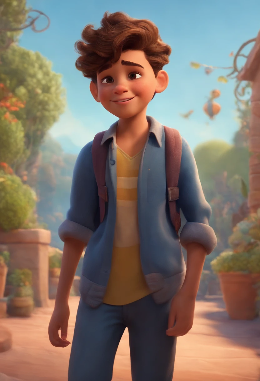 Image of a boy for a story in a YouTube video in Pixar format, He's the allabester, He's the class leader, He's outgoing, Playful and gets up for a lot of things, cabelo curto