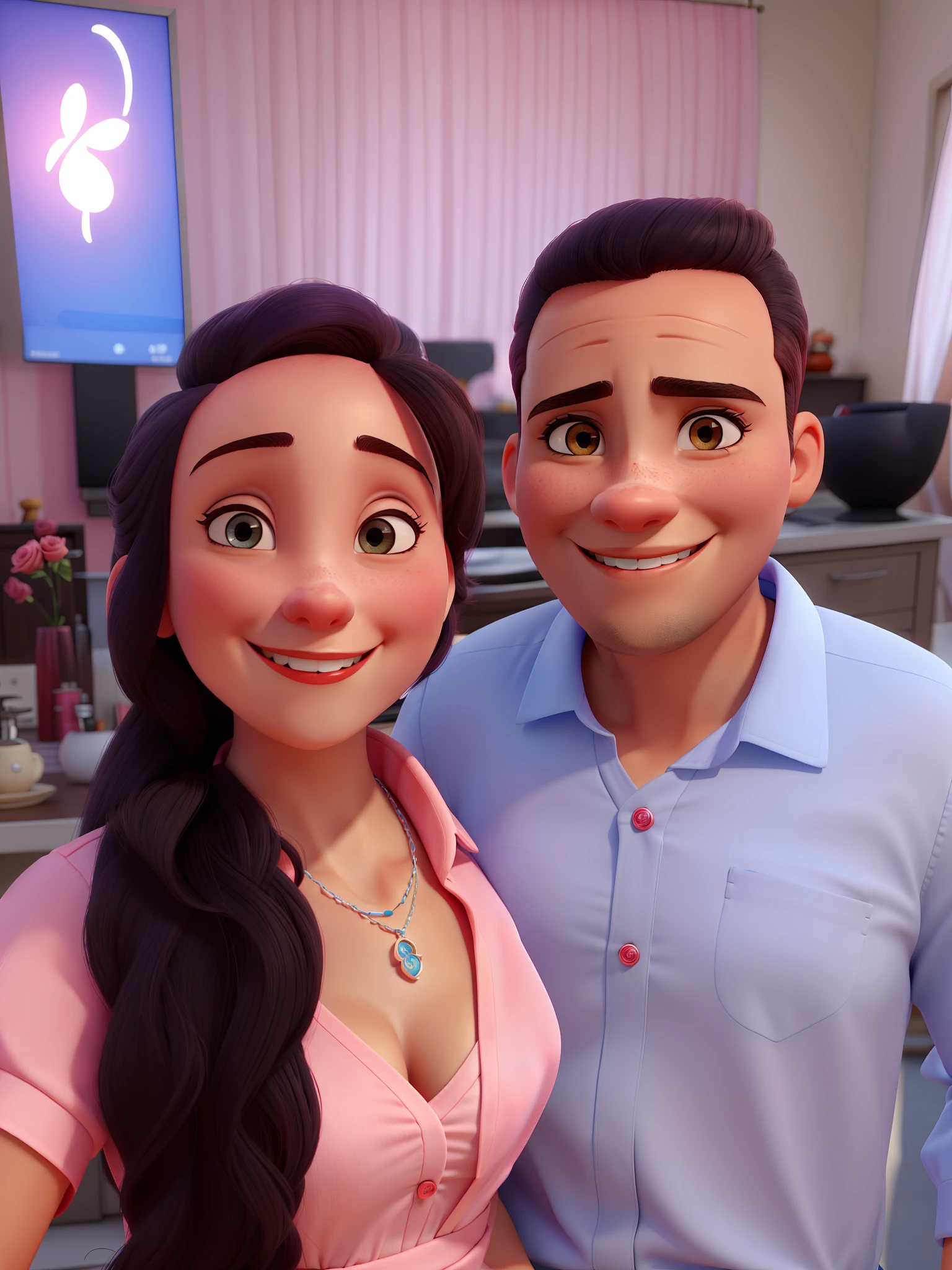 Uma mulher Com cabelos pretos e longos Sorrindo ,  Com vestido Rose ,  With a necklace is a man smiling ,  Com uma camisa azul clara ,  ao fundo  Mesa de jantar