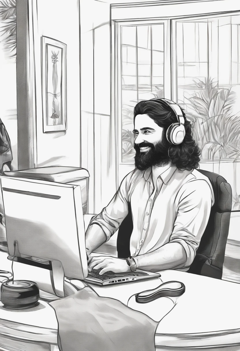 Jovem de 33 anos, cabelo curto, com barba, usando hedphone na cabela, Is dressed in a red blouse, sentado em uma cadeira, com um computador ao fundo, is smiling