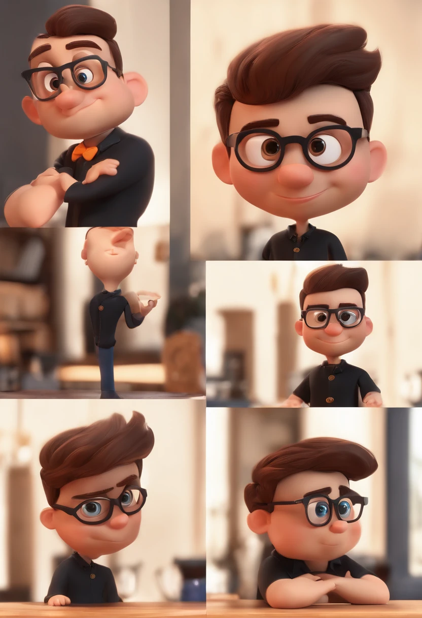 Cartoon character of a man with brown glasses and a black shirt, animation character, Caractere estilizado, animation style rendering, 3D estilizado, gordo, 3 d render stylized, toon render keyshot, Personagem 3D, Personagem 3D, 3d rendering stylized, 3 d character render, personagem de desenho animado, Personagem de close up, Pose de personagem, (Estilo Pixar) (master part:1.2) (Bokeh) (best quality) (pele detalhada) (textura detalhada) (8k) (argila) (Cinematic lighting) (foco nítido
