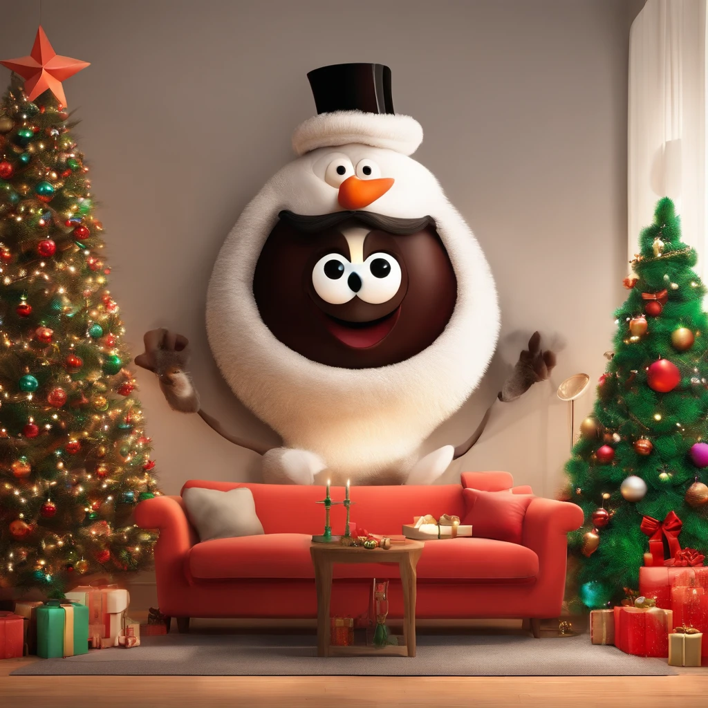 fundo branco, pixar desenhos animados 3D, homem lendo um livro, ::estilo pixar cartoon, mulhet gorda, 50 anos de idade, cabelo preto chanel e um gorro de natal, On our knees in the room assembling the colorful Christmas tree and with flashing flashes