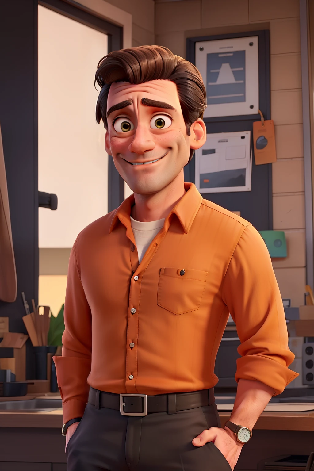 Jon Hamm dressed in an orange shirt and black pants, sorrindo e apontando para o lado com o dedo indicador