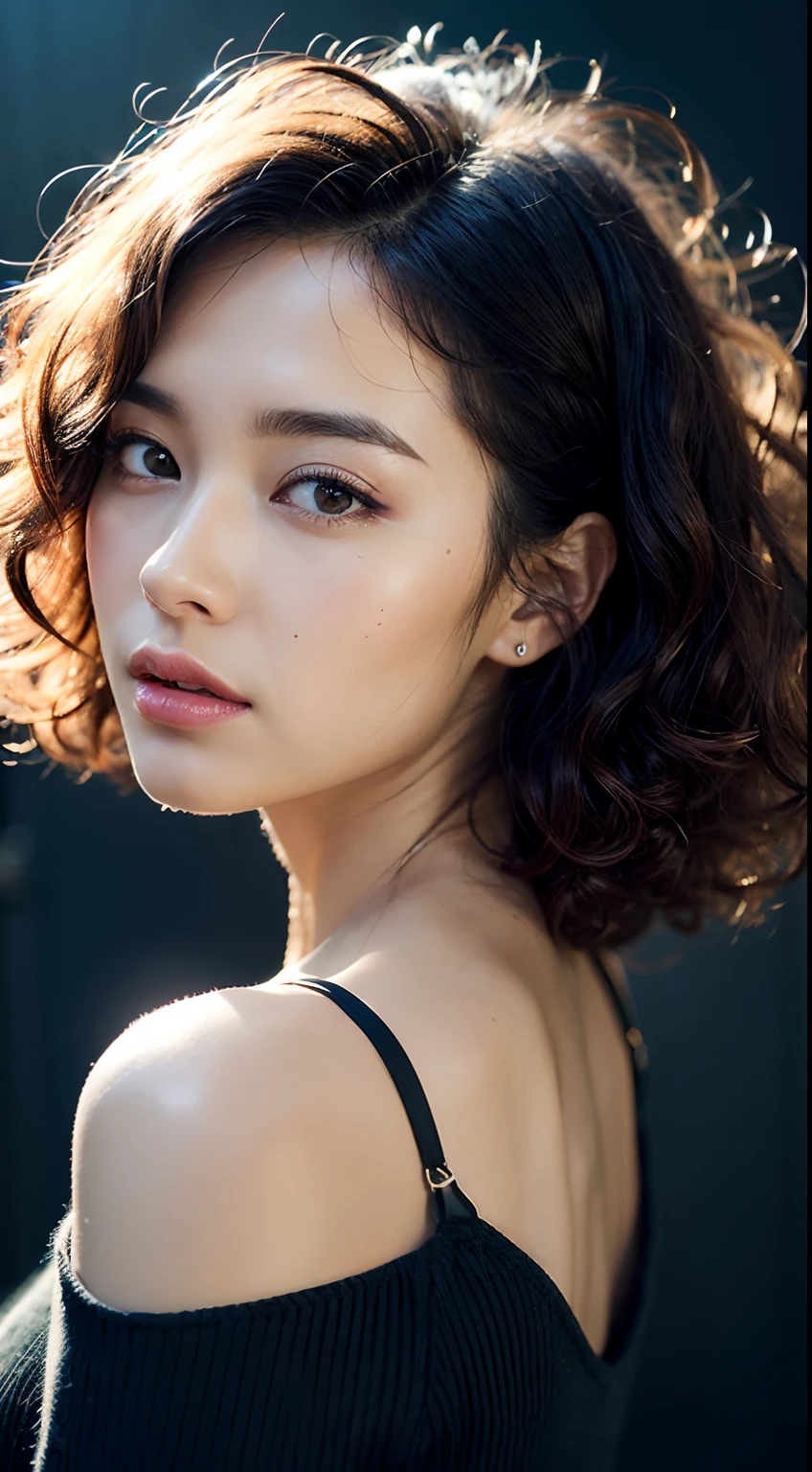 、(Photorealsitic:1.4)、(hyper realisitic:1.4)、(realisitic:1.3)、(Smooth lighting:1.05)、(Improved lighting quality in movies:0.9)、32K、1girl in、28-year-old girl、Realistic lighting、Back lighting、Facial light、raytrace、(brightened light:1.2)、(enhanced quality:1.4)、finely eye、finerly detailed face、Fine quality eye、(Tired, sleepy and satisfied:0.0)、 Black shirt、(Enhances skin texture:1.1)、realistic skin textures,Perm Hair、Afro hair、Curly hair、curlyhair、voluminous curly hair
