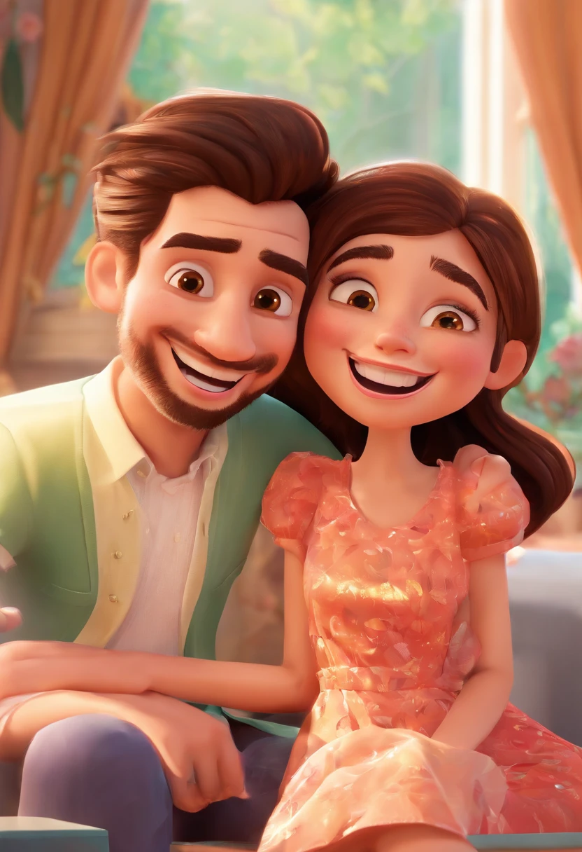 An illustration of an adorable couple, Destaque para um homem forte, com barba, with tattoo on the arm , Smiling and a brunette woman with beautiful expressive eyes - the man's skin is brown and the man's hair is black and shaved, The woman's skin is white, and the woman's hair is straight and black. They are a bright room, cada um com um sorriso no rosto, e compartilhar um momento especial caracterizado pelo amor, Insights. Illustrate this scene from a perspective where they are facing the camera, Smiling and Showing Your Connection. Desenvolva esta arte em Full HD, Focus on your cinematic touch, Estilo Disney Pixar Animations