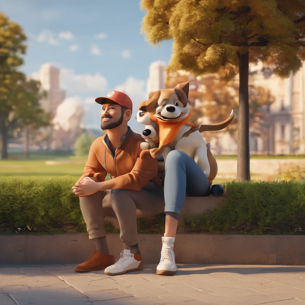 Adult in cap with his brown Shitzu dog sitting on a wall in a park