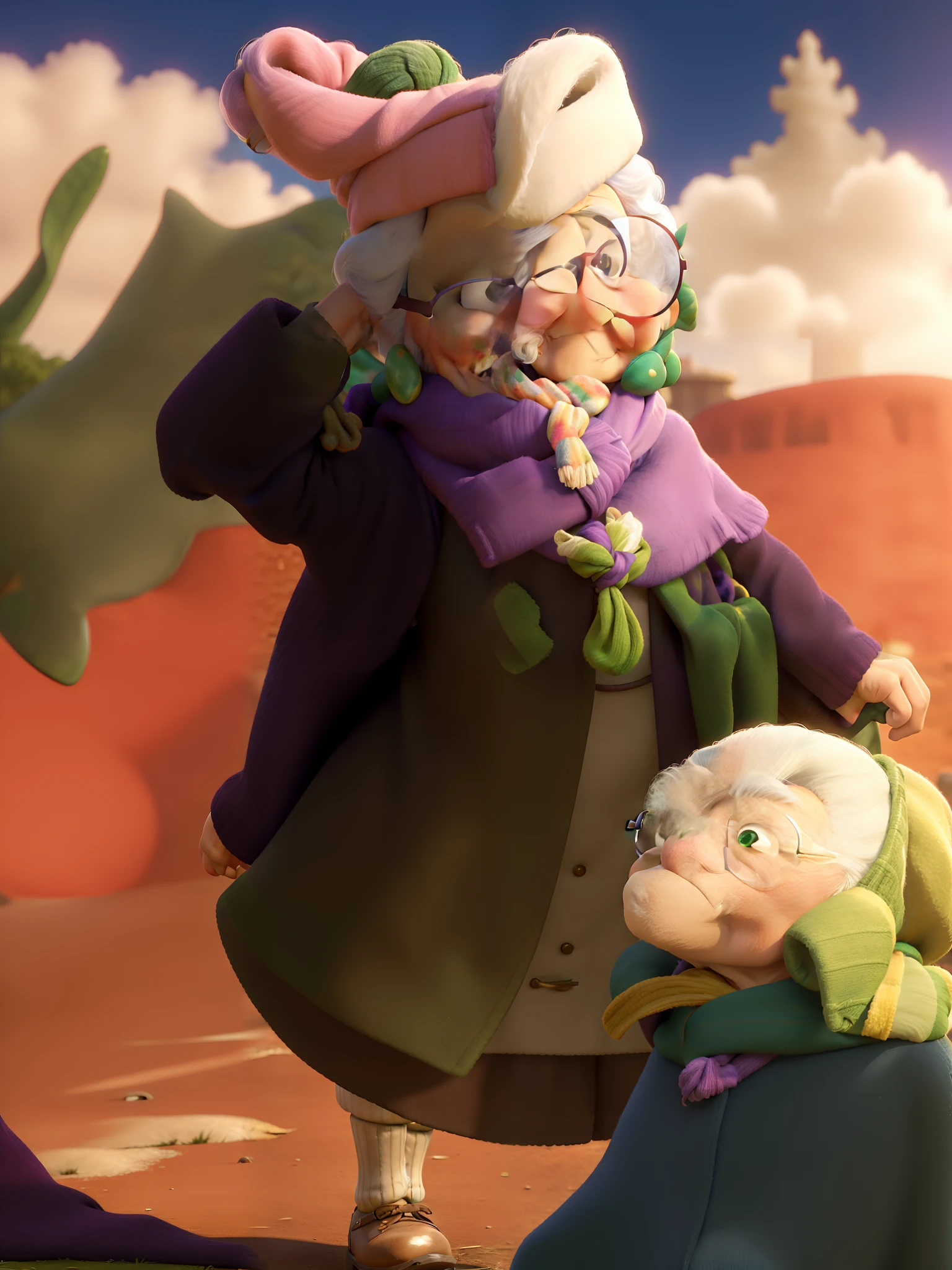 masterpiece, best quality, an old woman with glasses and a scarf on, wearing a purple coat and green scarf, standing at the park