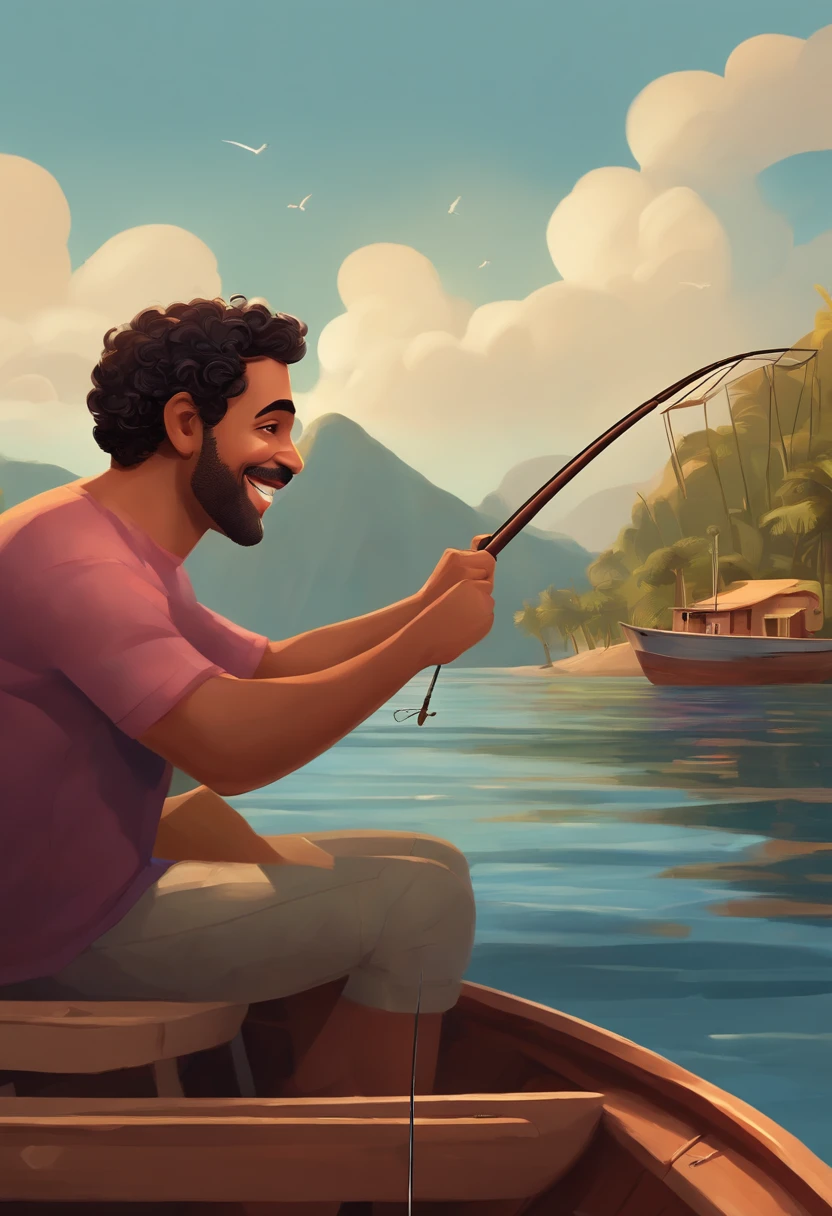 Create a pixar-style artwork of a young, light-skinned Brazilian man in his 40s, with short black wavy hair, a slightly rounded, beardless face, small eyes and a happy expression, he is in a boat fishing with a fishing rod