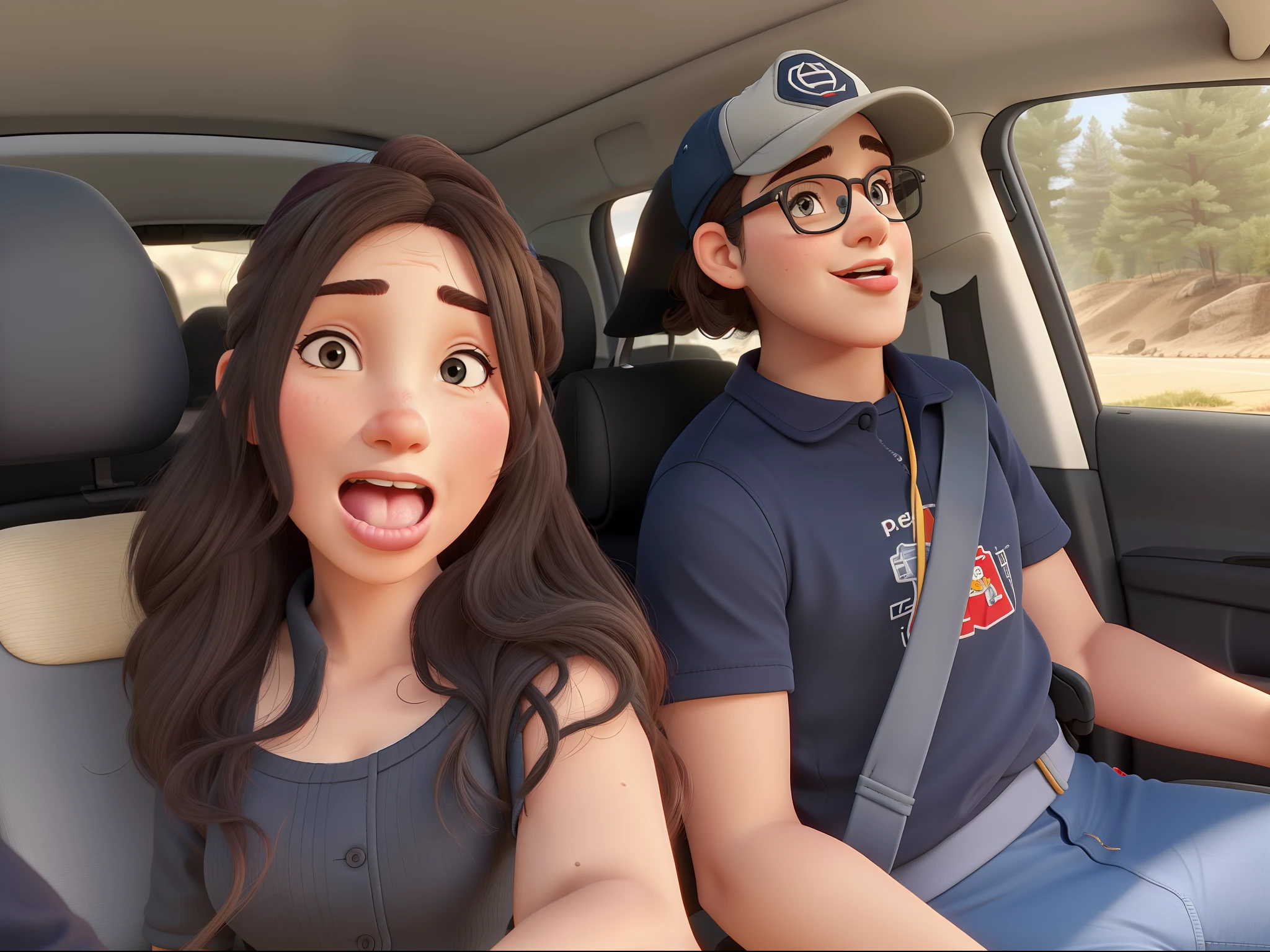 Woman sticking out her tongue, Man with cap, dentro de um carro