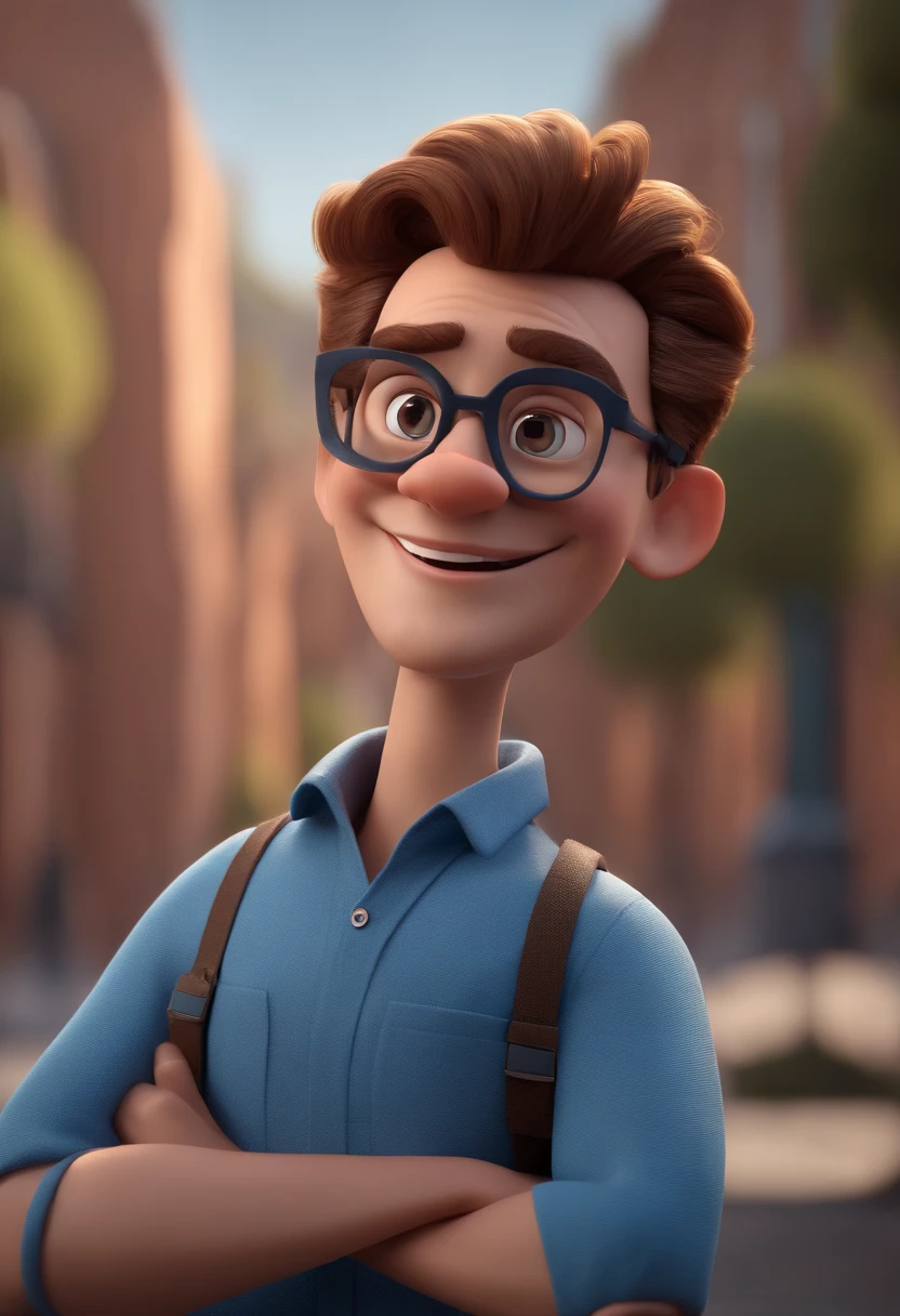 Cartoon character of a man with black glasses and a blue shirt, animation character, Caractere estilizado, animation style rendering, 3D estilizado, Arnold Maya render, 3 d render stylized, toon render keyshot, Personagem 3D, Personagem 3D, 3d rendering stylized, 3 d character render, personagem de desenho animado, Personagem de close up, Pose de personagem,  (Estilo Pixar) (master part:1.2) (Bokeh) (best quality) (pele detalhada) (textura detalhada) (8k) (argila) (Cinematic lighting) (foco nítido