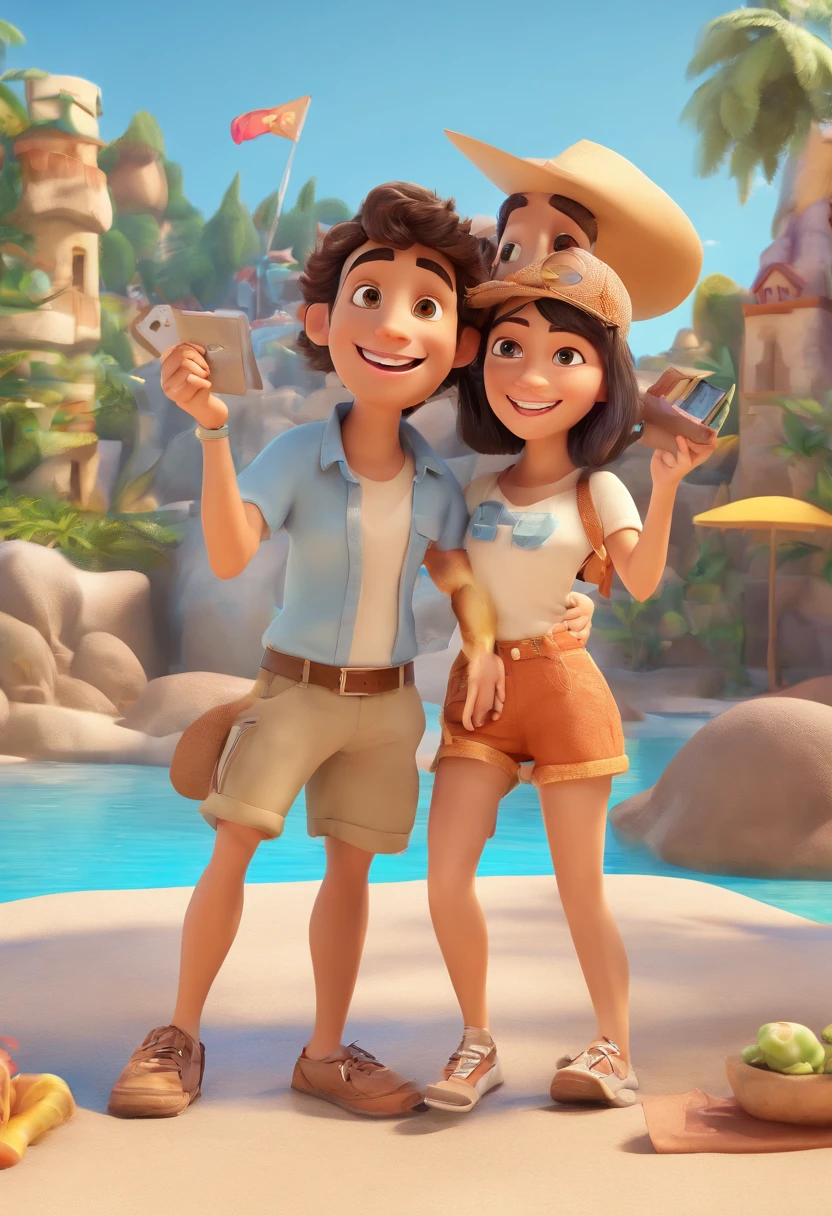 Cartoon of friends having fun on vacation together,  3D Animation Movie Poster, Poster de filme animado, pixar 3 d animation style, pixar renderman rendering, maia 8 mil, animated film, Disney Pixar Estilo 3D, amigos felizes saem juntos, all wearing light blue shirts and cream brown long pants, camisa azul clara, cream brown pants, ao ar livre, vacation, Disney Pixar Animation Poster