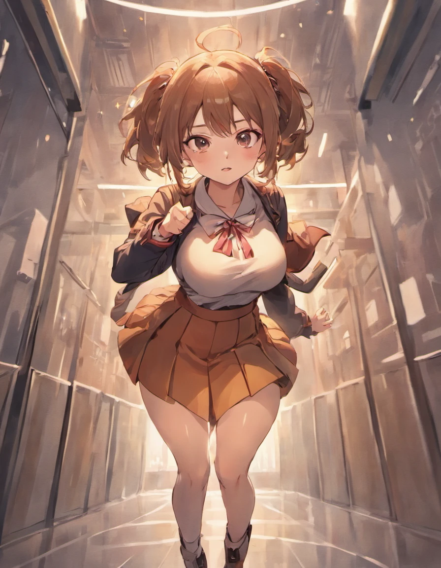 Female, Schoolgirl, Huge breasts, long brown hair, school uniform, tight clothes, strained buttons, wide hips, thick thighs, leggings, short skirt