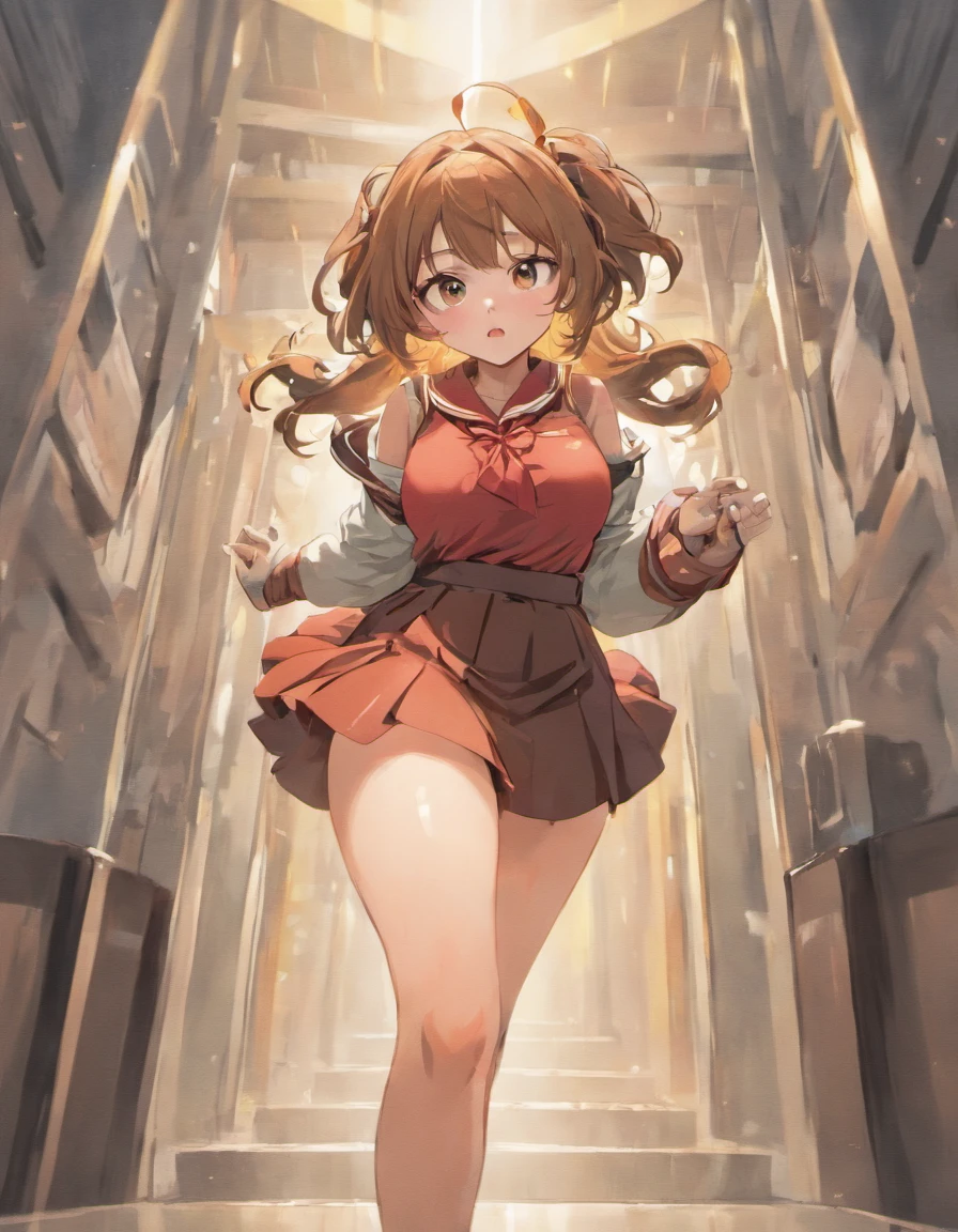 Female, Schoolgirl, Huge breasts, long brown hair, school uniform, tight clothes, strained buttons, wide hips, thick thighs, leggings, short skirt