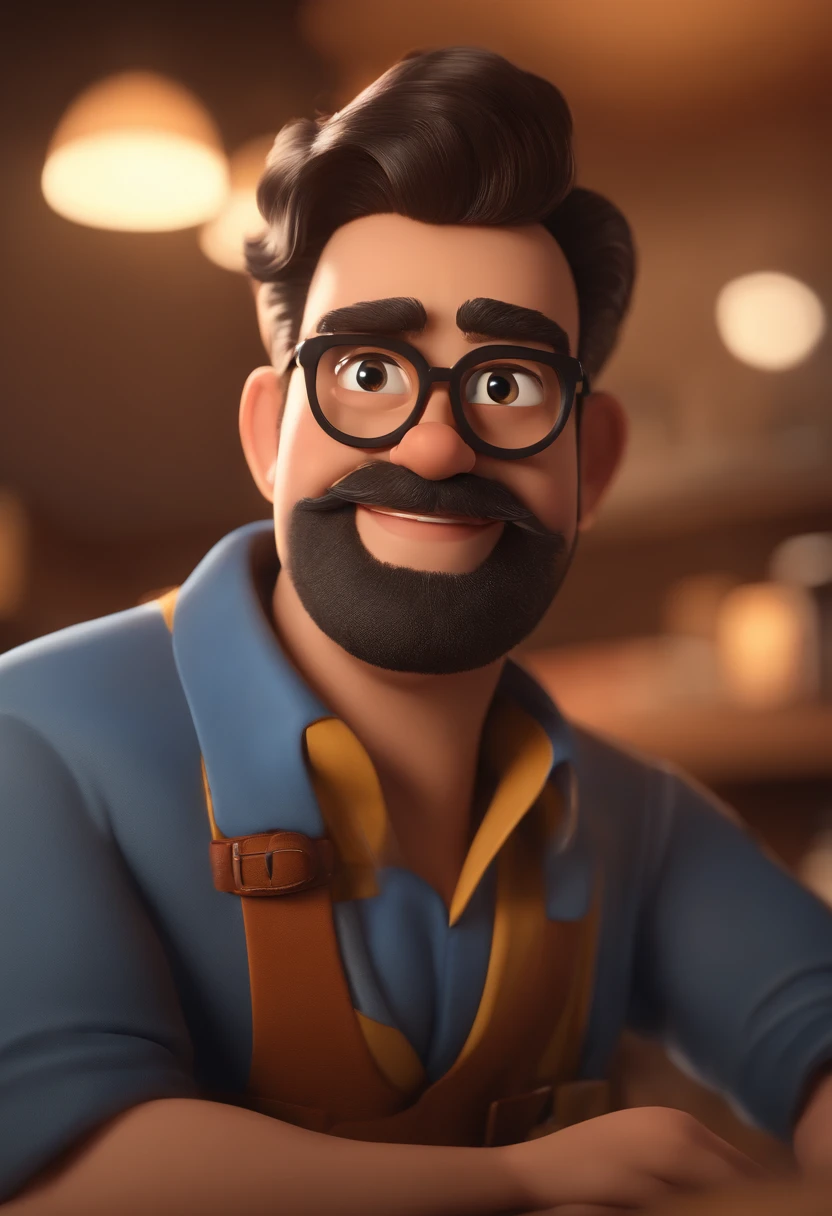 Disney Pixar cartoon character of a man with black glasses and a blue shirt, animation character, Caractere estilizado, animation style rendering, 3D estilizado, Arnold Maya render, 3 d render stylized, toon render keyshot, Personagem 3D, Personagem 3D, 3d rendering stylized, 3 d character render, personagem de desenho animado, Personagem de close up, Pose de personagem,  (Estilo Pixar) (master part:1.2) (Bokeh) (best quality) (pele detalhada) (textura detalhada) (8k) (argila) (Cinematic lighting) (foco nítido