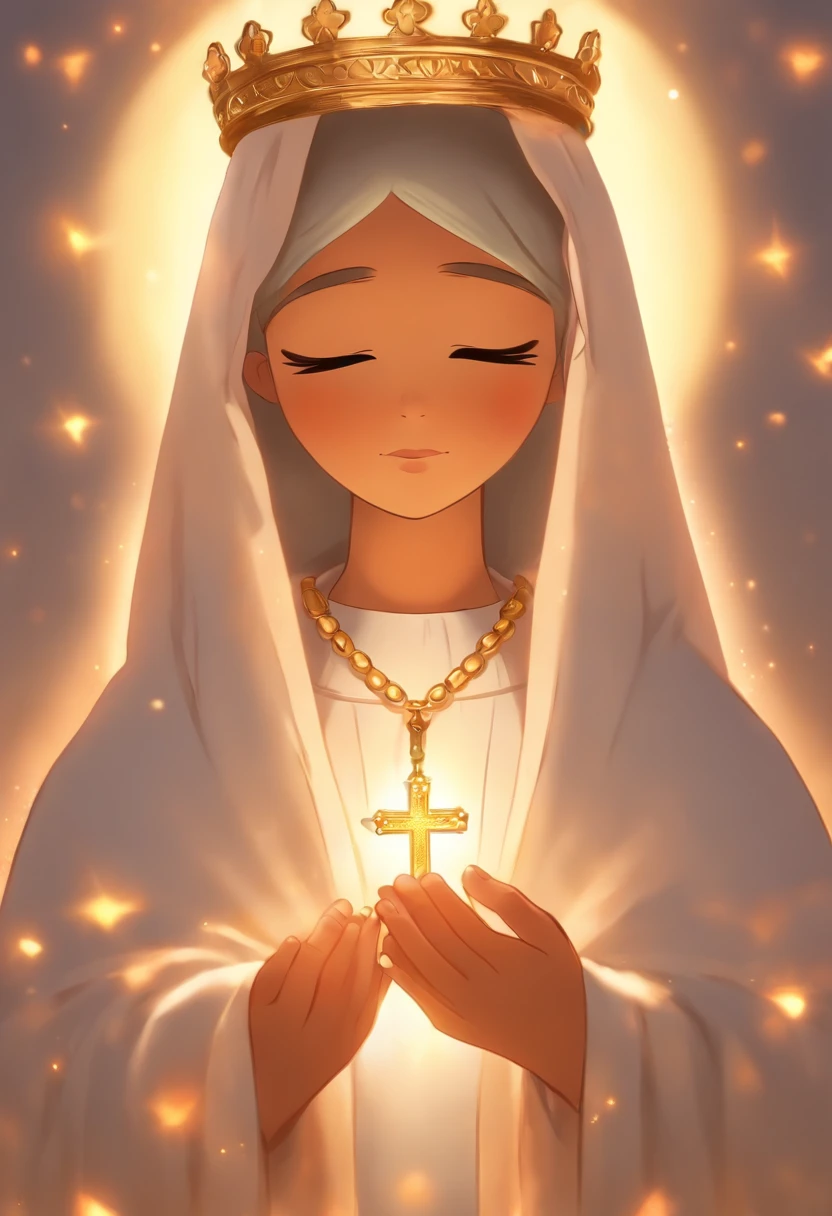 A vector illustration of the Lady of Fatima. She has a serene face and her eyes are closed and express calm and pity. She has a long white veil that falls over her shoulders. Ela usa um manto branco que cobre todo o corpo (except the hands and feet) com detalhes dourados nas bordas (no colarinho e na cintura). Ela usa um colar com uma medalha milagrosa. She wears a gold Marian crown on her head (que tem uma cruz no topo). She holds a rosary in her right hand (que tem contas brancas e uma cruz dourada). The rosary is wrapped around the index finger and thumb. She is in a position of prayer. Her feet are bare in a white novem. The cloud is on top of a small bush-like tree.