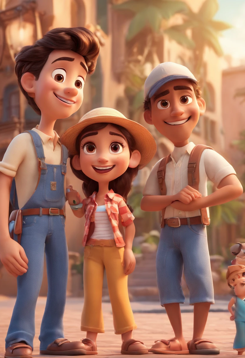 Cartoon of friends having fun on vacation together,  3D Animation Movie Poster, Poster de filme animado, pixar 3 d animation style, pixar renderman rendering, maia 8 mil, animated film, Disney Pixar Estilo 3D, amigos felizes saem juntos, all wearing light blue shirts and cream brown long pants, camisa azul clara, cream brown pants, ao ar livre, vacation, Disney Pixar Animation Poster