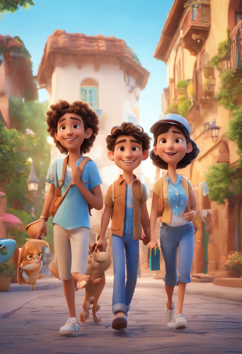 Cartoon of friends having fun on vacation together, 3D Animation Movie Poster, Poster de filme animado, pixar 3 d animation style, pixar renderman rendering, maia 8 mil, animated film, Disney Pixar Estilo 3D, amigos felizes saem juntos, all wearing light blue shirts and cream brown long pants, camisa azul clara, cream brown pants, ao ar livre, vacation, Disney Pixar Animation Poster