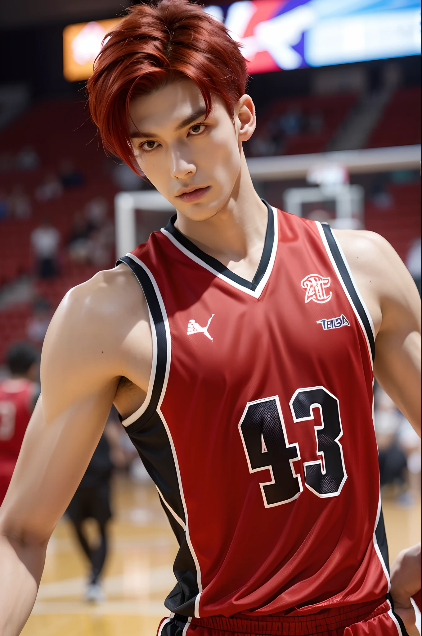 1boy, handsome, tall, thin, muscular, plays basketball, wearing a jersey, red hair, parted in the middle hair, cool face