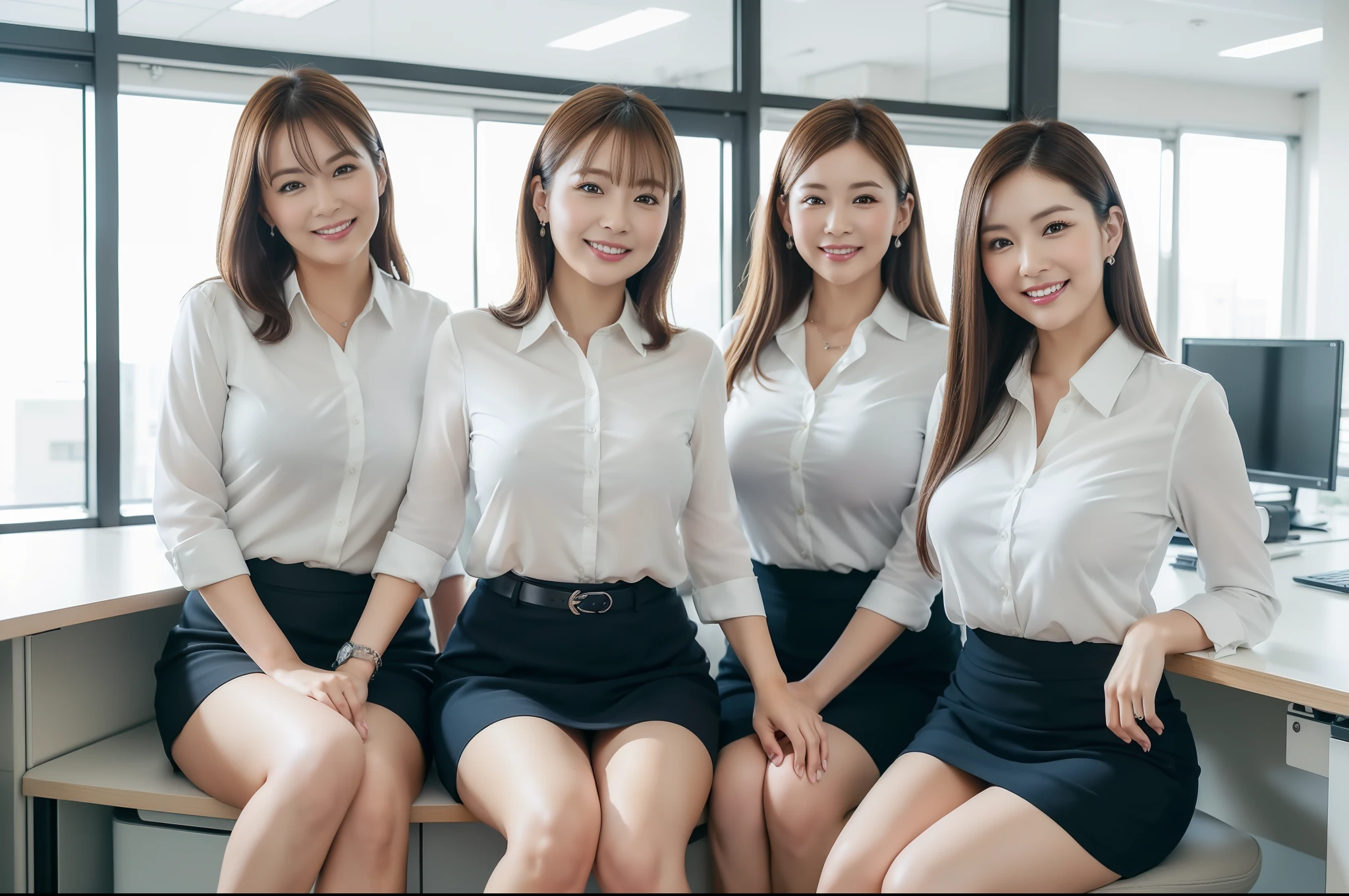 ((Best Quality, 8k, Masterpiecedetails, ultra-high resolution)), (looking at the viewer), (full shot:), attractive business 5 milfs, 5 people, a bit chubby:0.25, white collared shirt, grey skirt, (sitting with cross legs on office desks)), smile, office of CEO,
