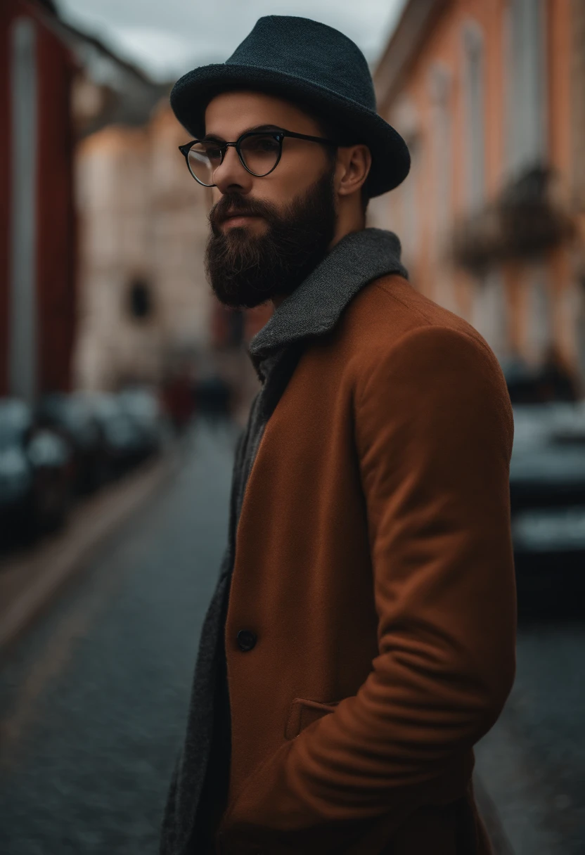 Homem gordo, 24 anos, eyeglass, bonnet, barba grande, standingn, corpo inteiro, fotografia, rua escuro, 8k, realismo, roupas inverno, basquete