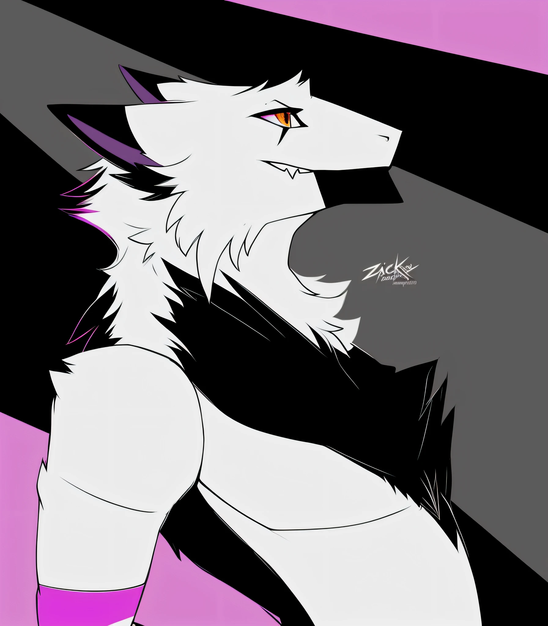 Avali black and white fursona, discord pfp, purple accents, Javali, sideswept hair