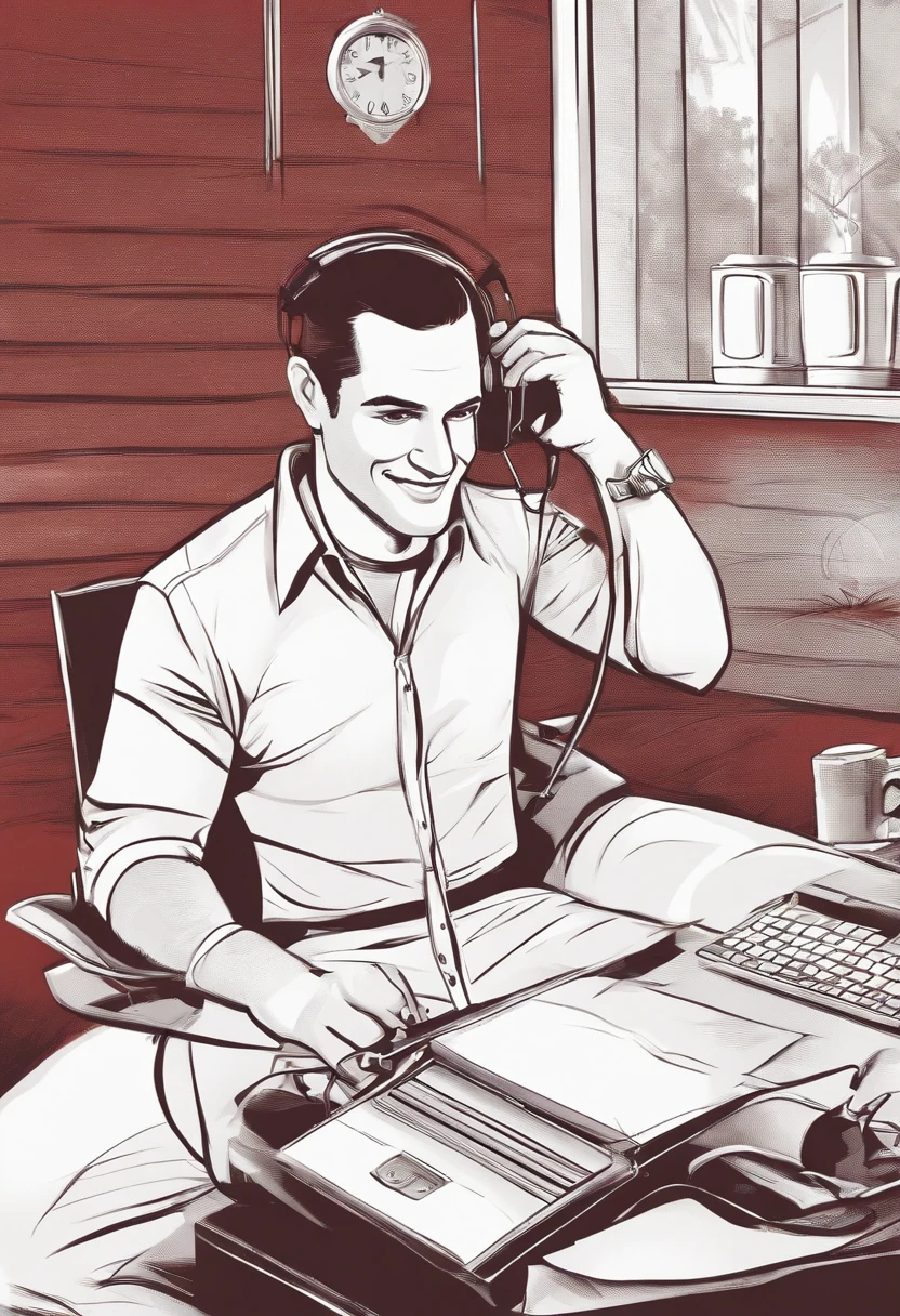 Jovem de 33 anos, cabelo curto, com barba, usando hedphone na cabela, Is dressed in a red blouse, sentado em uma cadeira, com um computador ao fundo, is smiling , crie no melhor estilo pixar