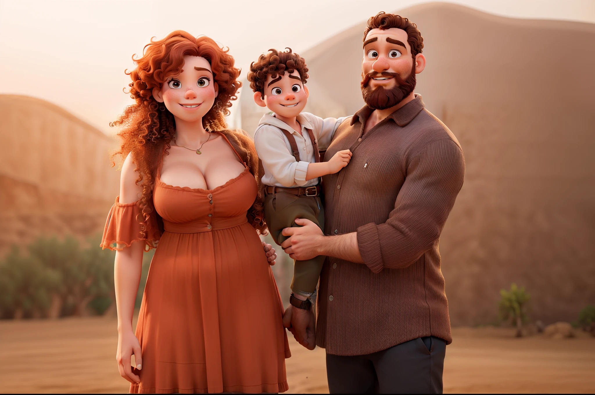 Obra-prima, de melhor qualidade, mulher ruiva, Man with medium beard and curly hair child on lap
