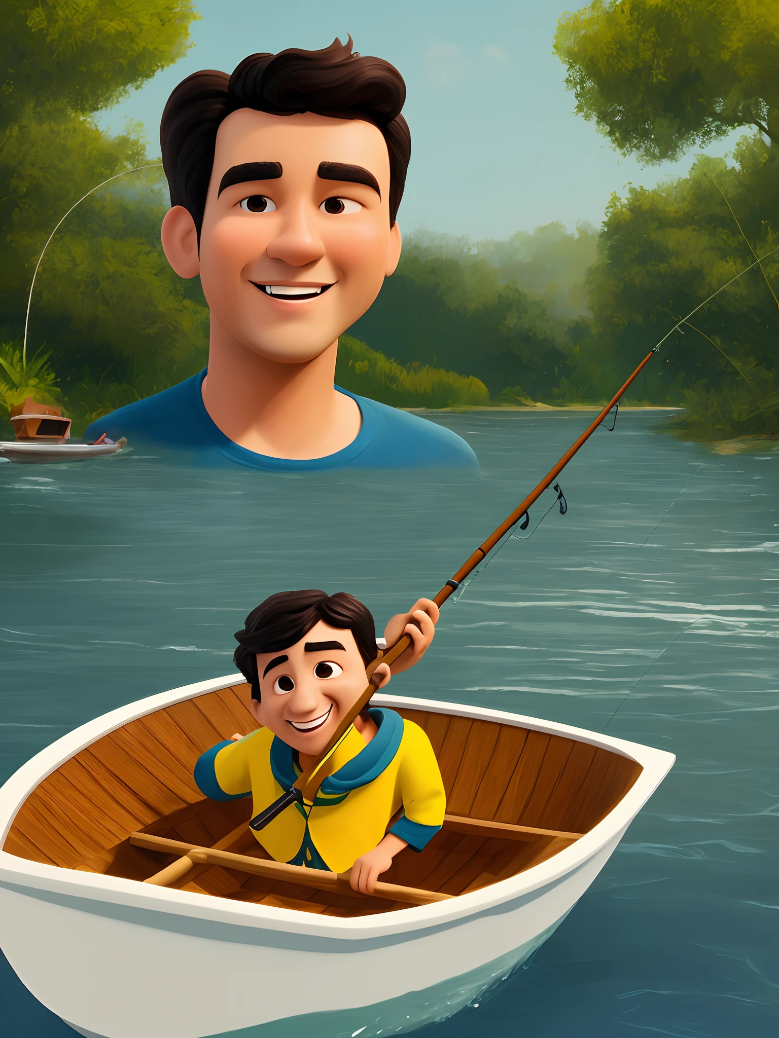 Create a pixar-style artwork of a young, lBrazilian man in his 40s, with short black wavy hair, a slightly rounded, beardless face, small eyes and a happy expression, he is in a boat fishing with a fishing rod